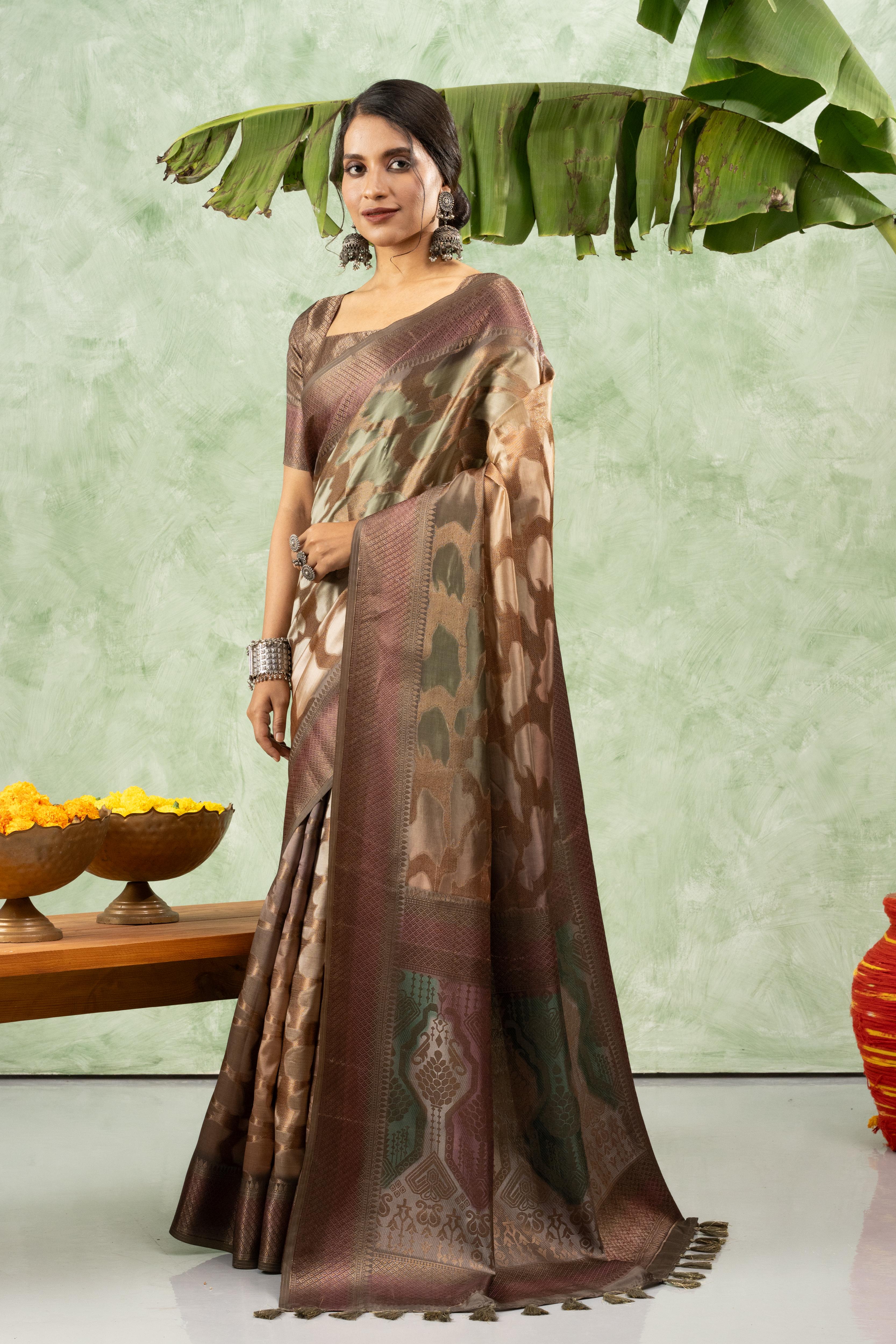 Brown Jacquard Printed Saree with Pallu sedoracouture