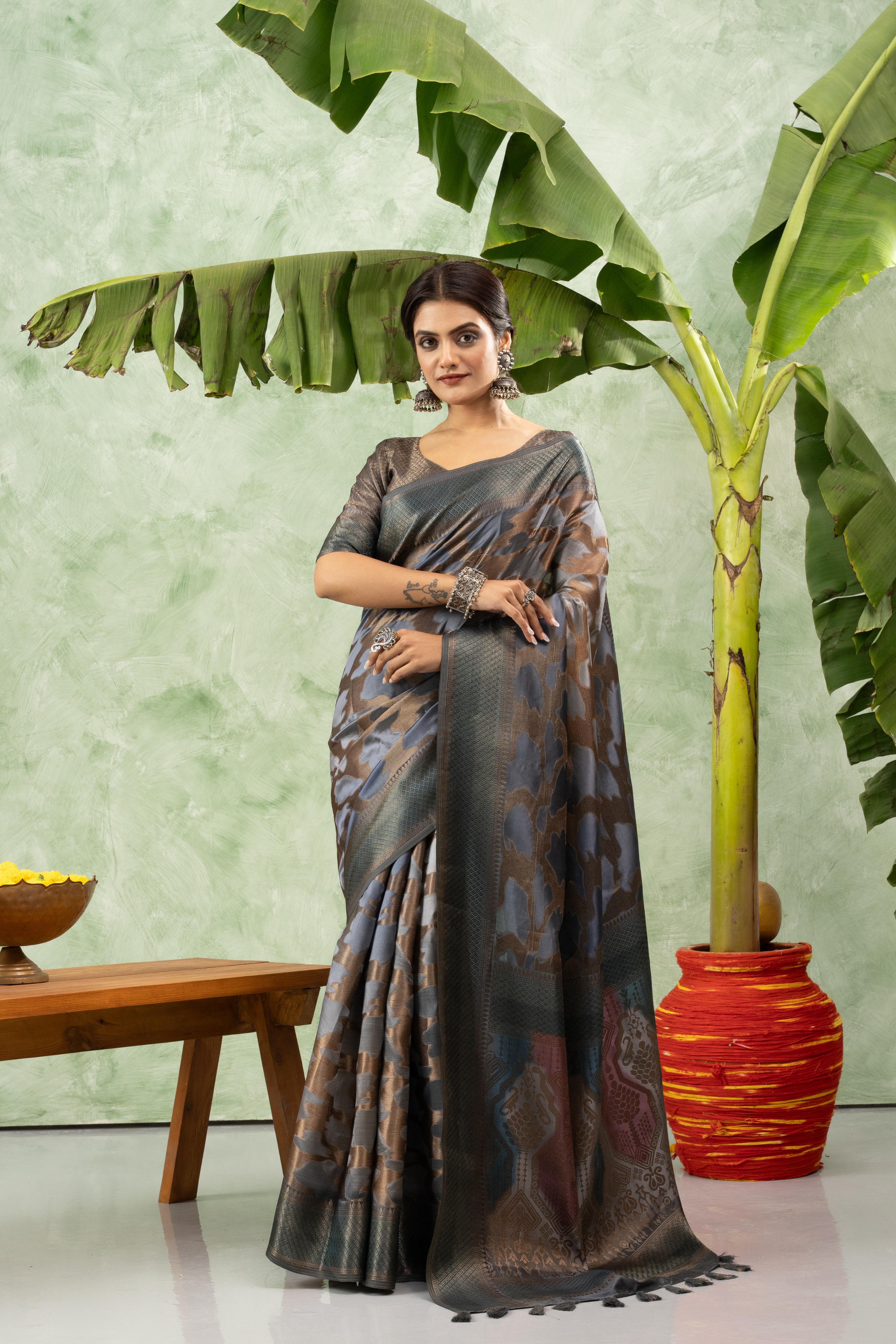 Grey Jacquard Printed Saree with Design sedoracouture