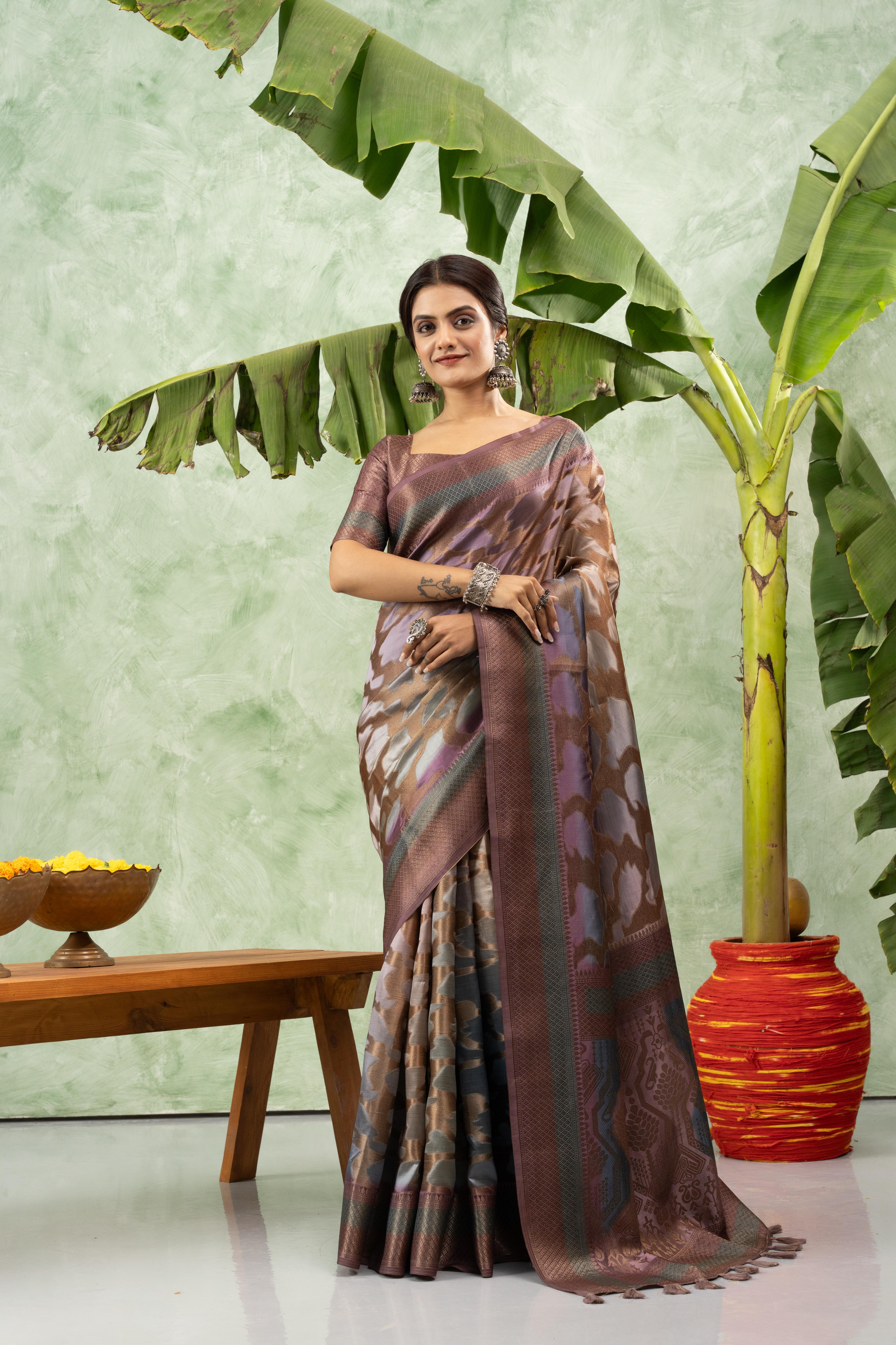 Printed Grey Jacquard Saree with Rich Pallu sedoracouture
