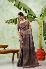 Printed Grey Jacquard Saree with Rich Pallu sedoracouture