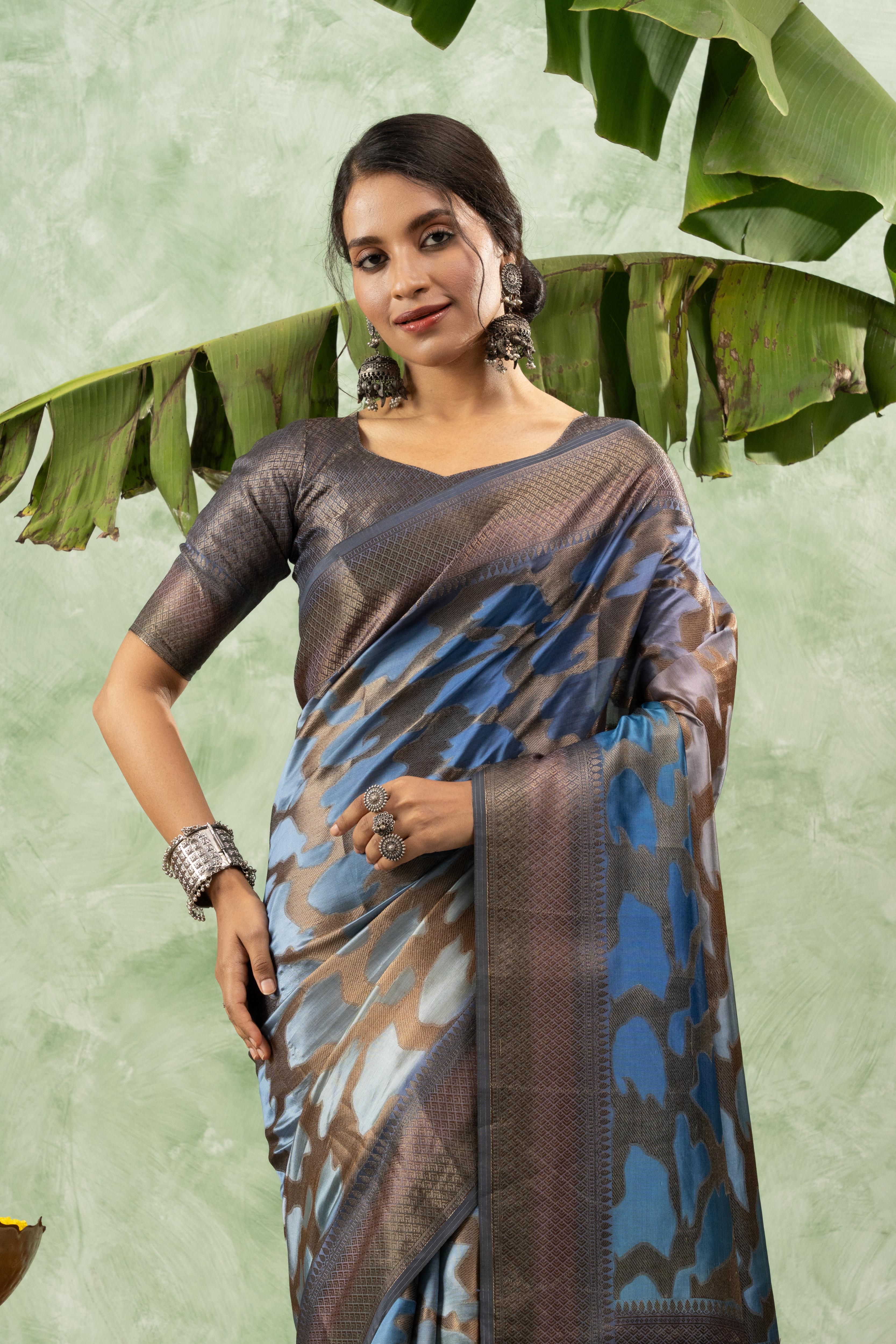 Blue Printed Jacquard Saree with Pallu