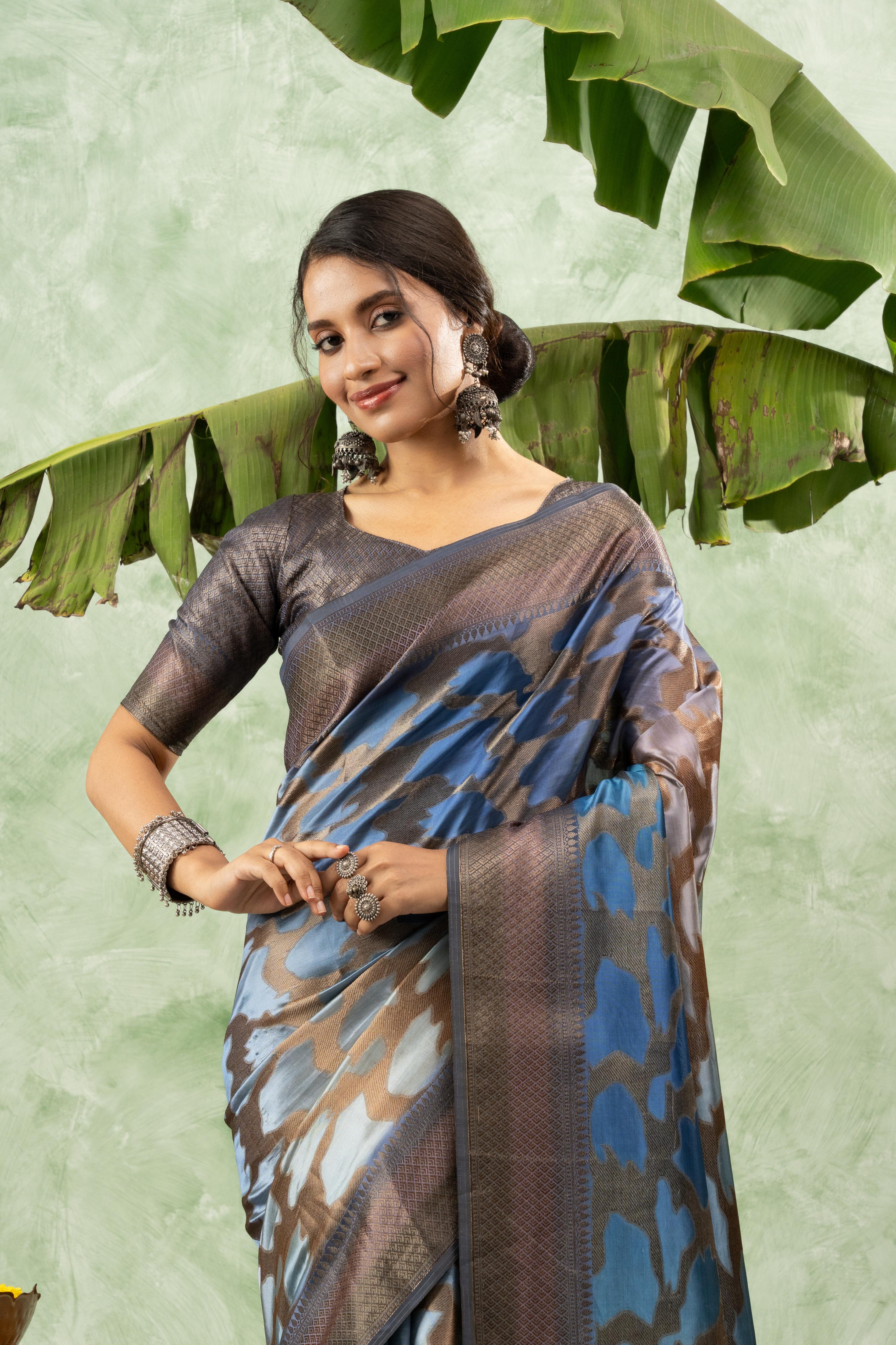 Blue Printed Jacquard Saree with Pallu sedoracouture