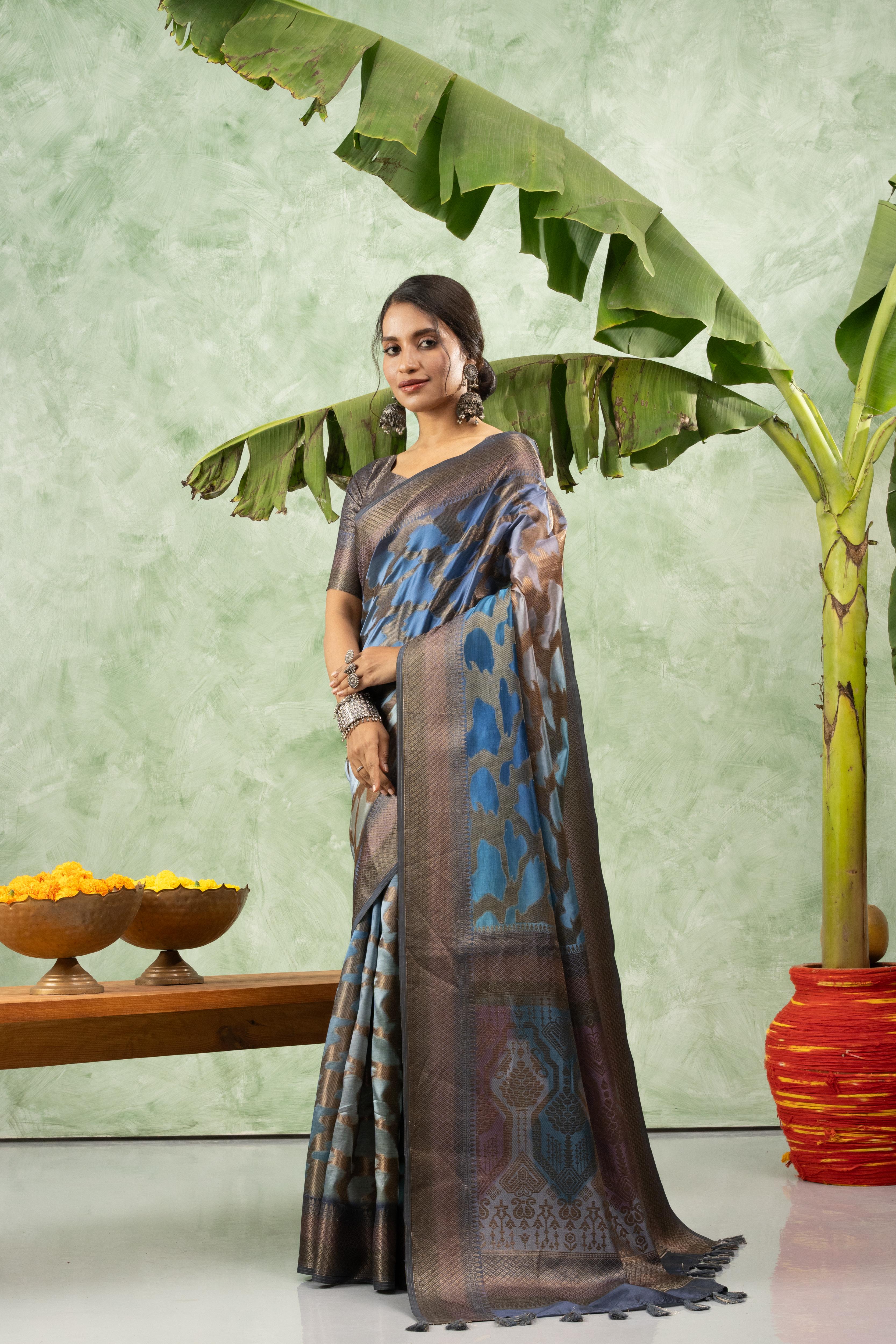 Classic Slate Blue Jacquard Saree with Pallu