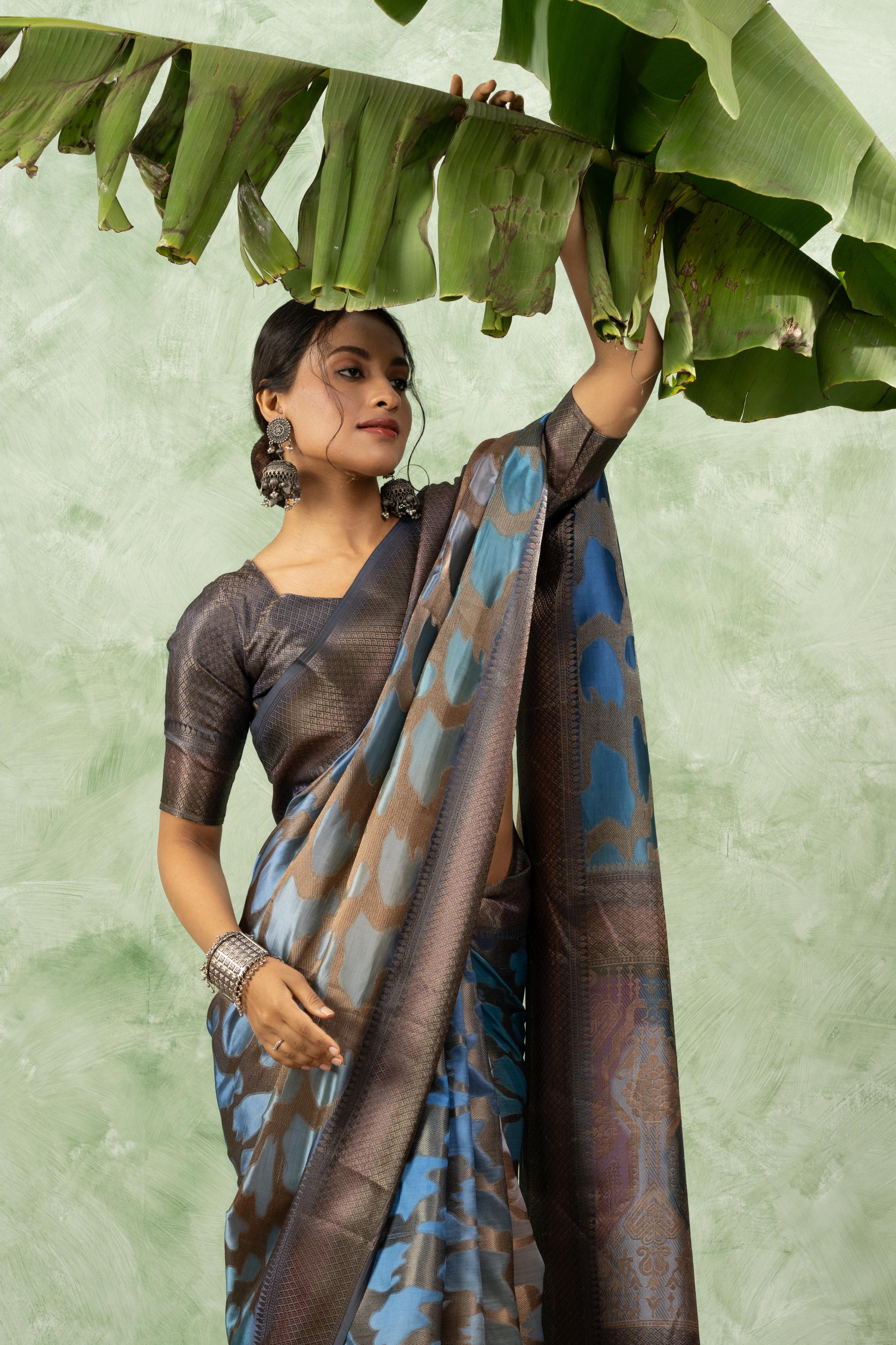 Blue Printed Jacquard Saree with Pallu