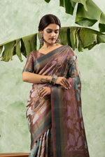 Printed Brown Jacquard Saree with Pallu sedoracouture