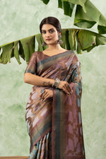 Printed Brown Jacquard Saree with Pallu sedoracouture