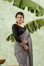 Black and white printed chiffon saree sedoracouture