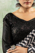 Black and white printed chiffon saree sedoracouture