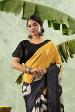 Black and yellow printed chiffon saree sedoracouture