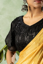Black and yellow printed chiffon saree sedoracouture