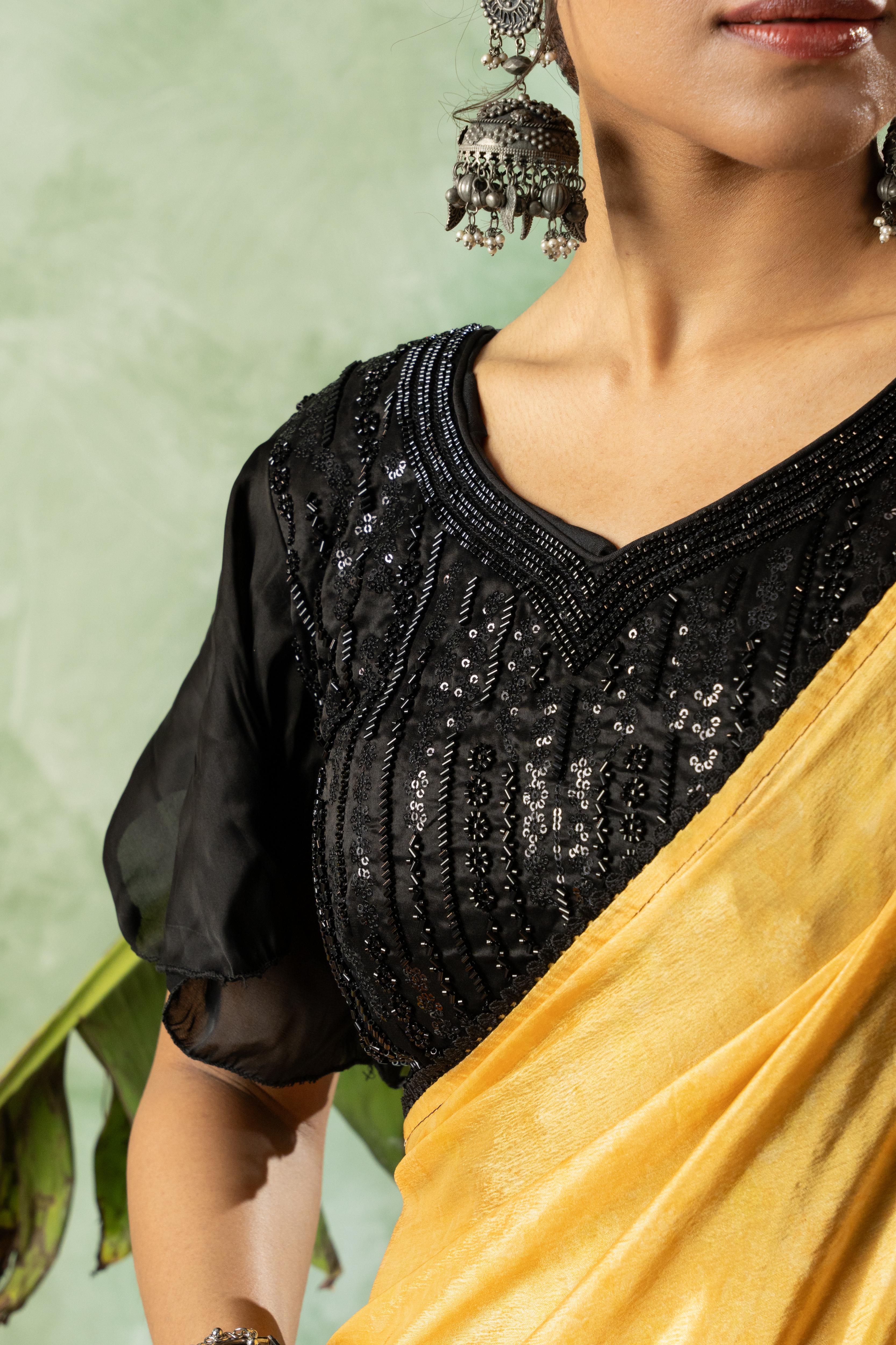 Black and yellow printed chiffon saree sedoracouture