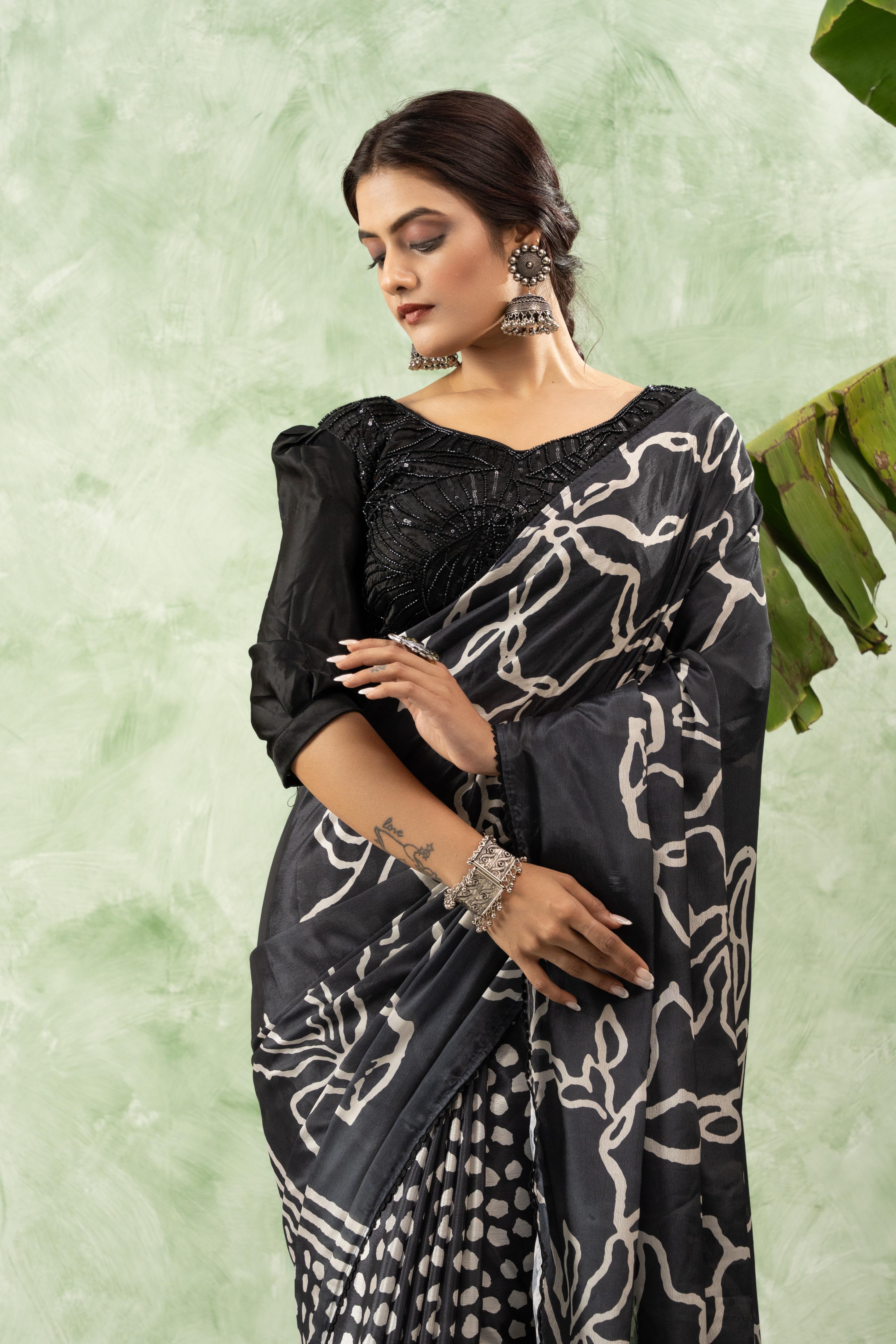 Black and grey printed chiffon saree sedoracouture