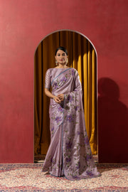 Hand Brush Print Purple Barbella Silk Saree