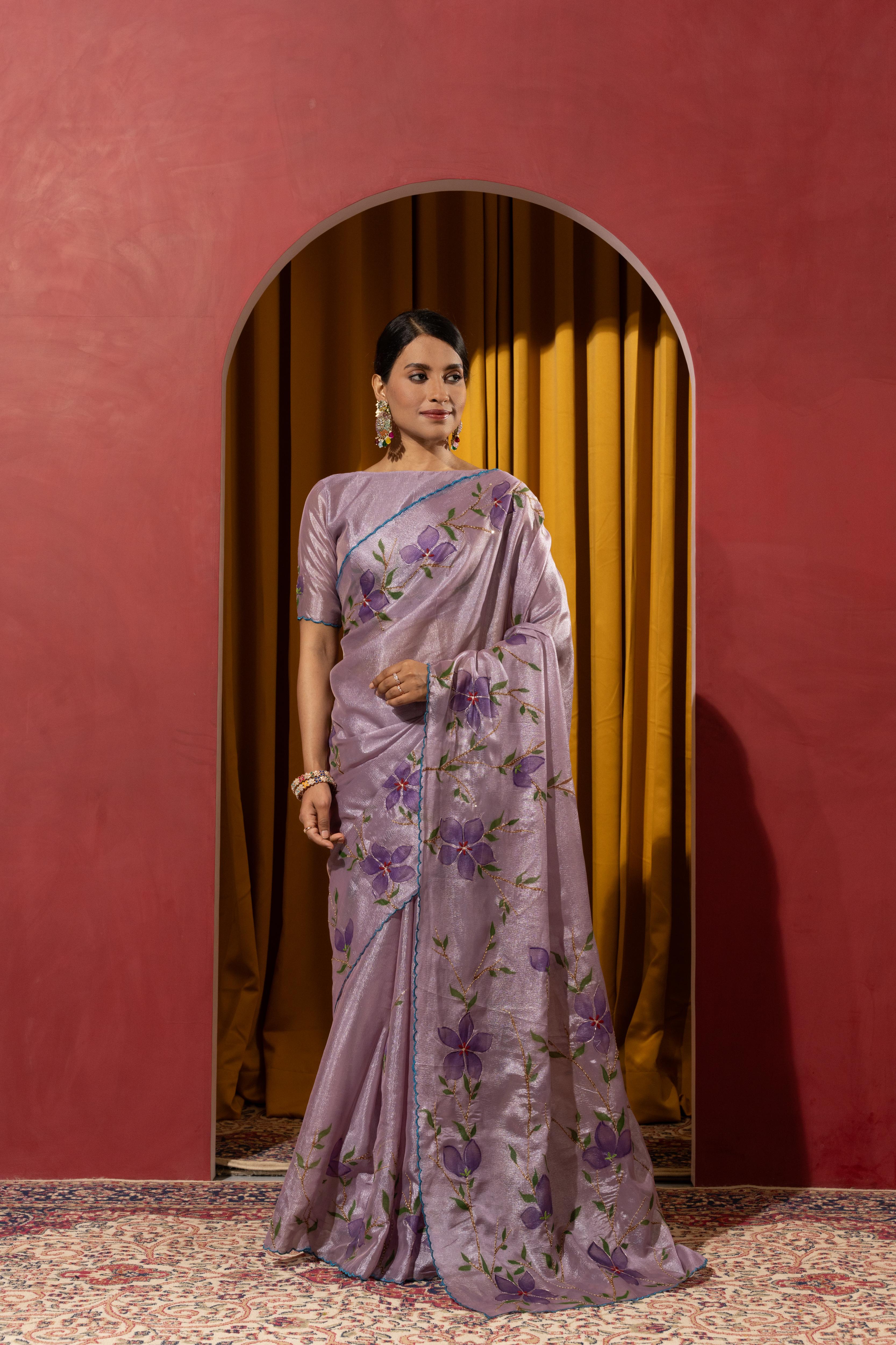 Hand Brush Print Purple Barbella Silk Saree
