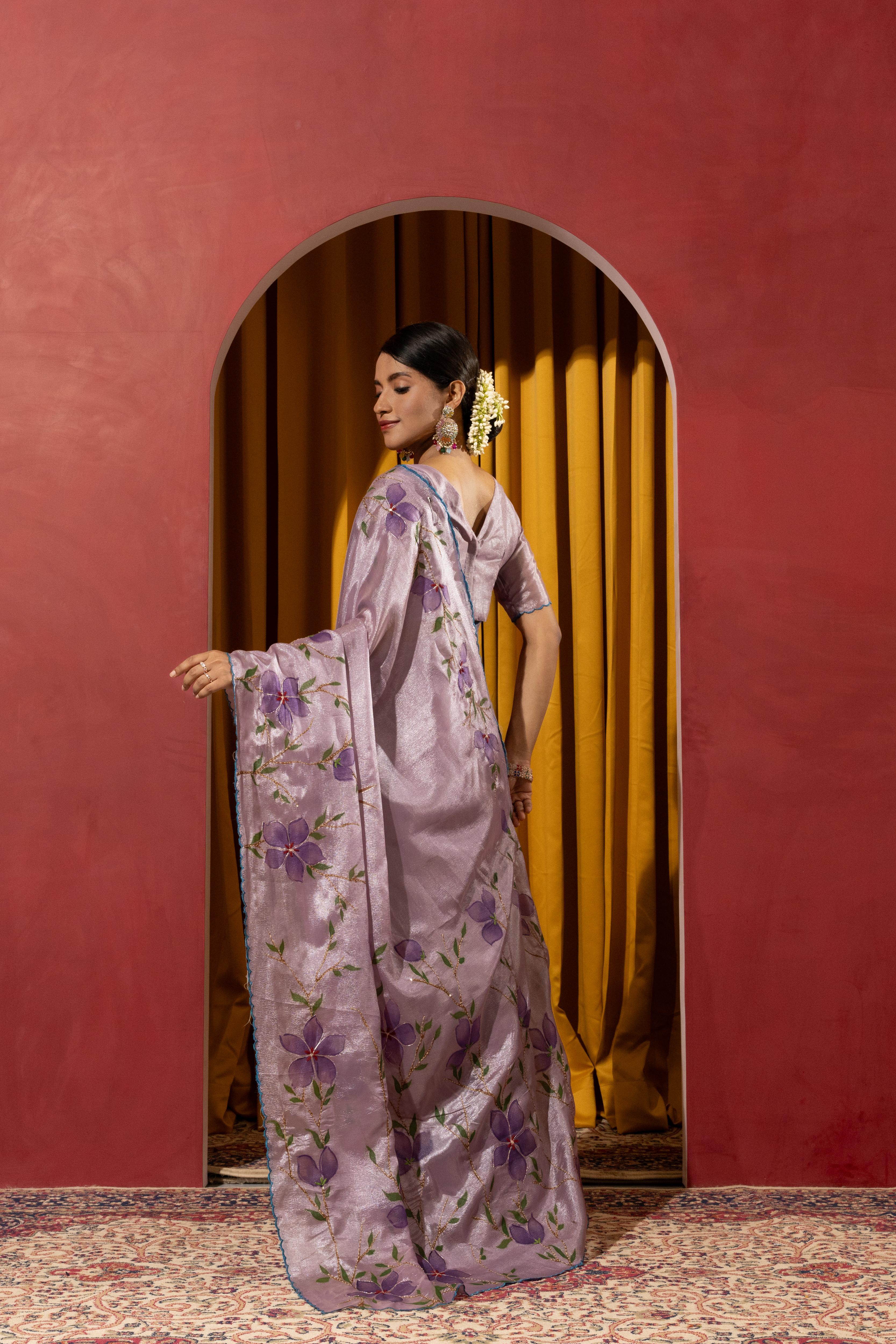 Hand Brush Print Purple Barbella Silk Saree