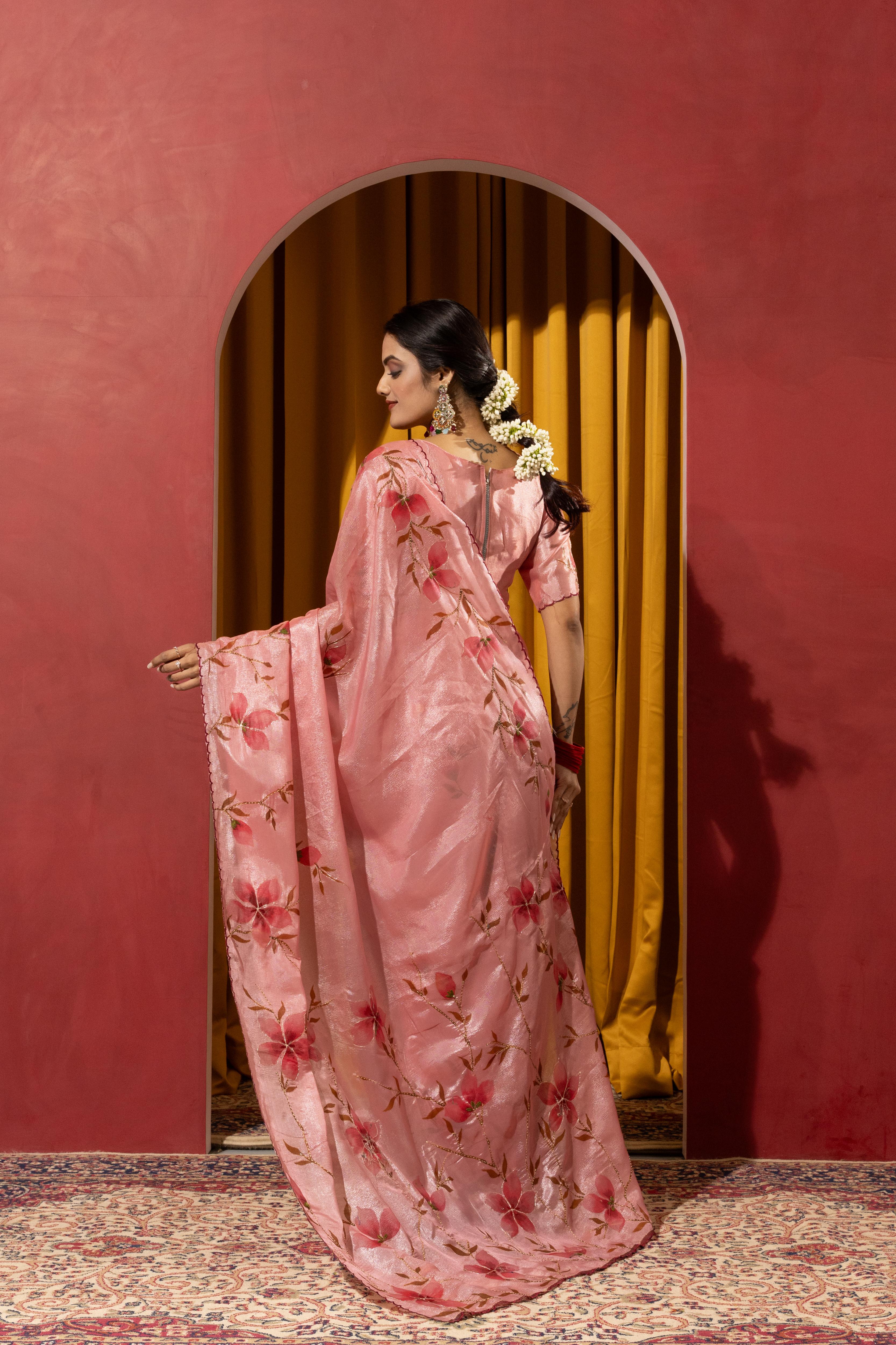Hand Brush Print Pink Barbella Silk Saree
