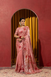 Hand Brush Print Pink Barbella Silk Saree
