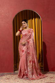 Hand Brush Print Pink Barbella Silk Saree