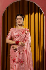Hand Brush Print Pink Barbella Silk Saree sedoracouture