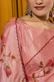 Hand Brush Print Pink Barbella Silk Saree