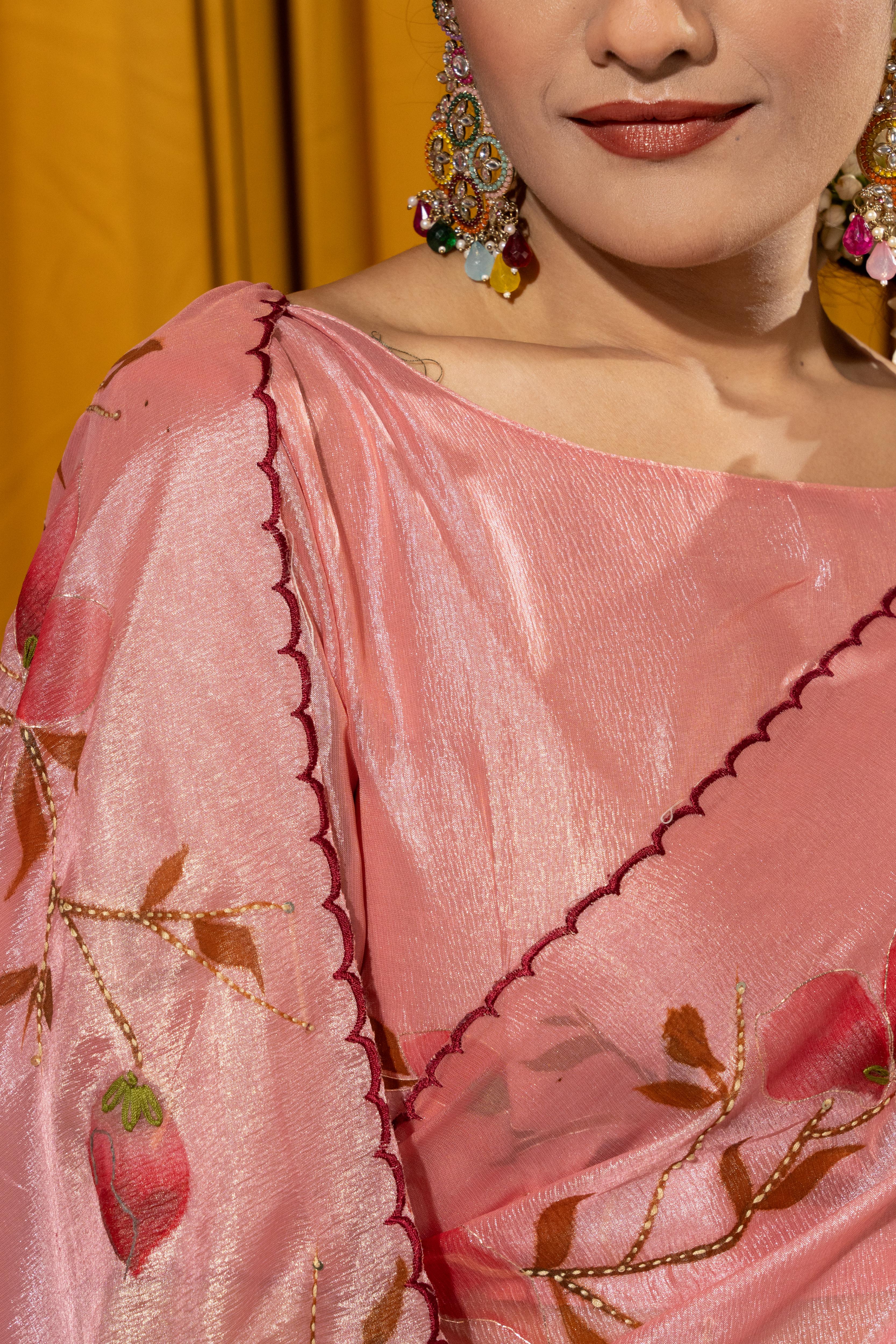 Hand Brush Print Pink Barbella Silk Saree