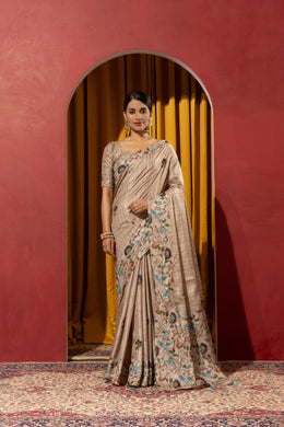 Beige Collom Silk Saree with Artisanal Knotwork