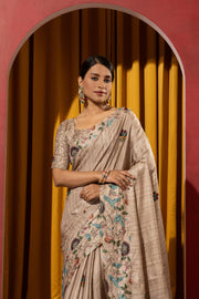 Beige Collom Silk Saree with Artisanal Knotwork
