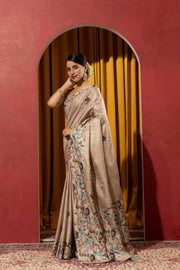 Beige Collom Silk Saree with Artisanal Knotwork