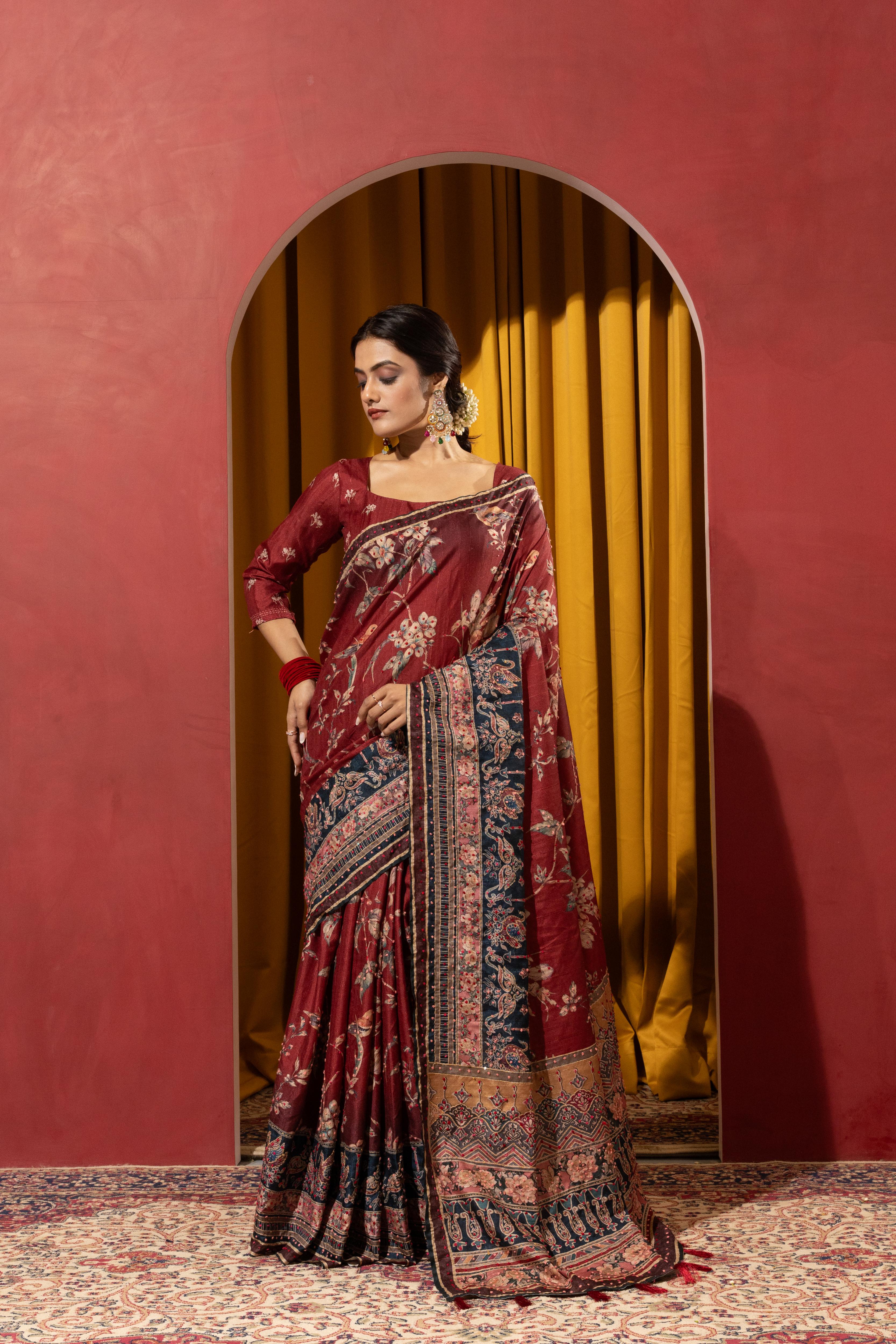 Maroon Collom Silk Saree with Handcrafted Knotwork