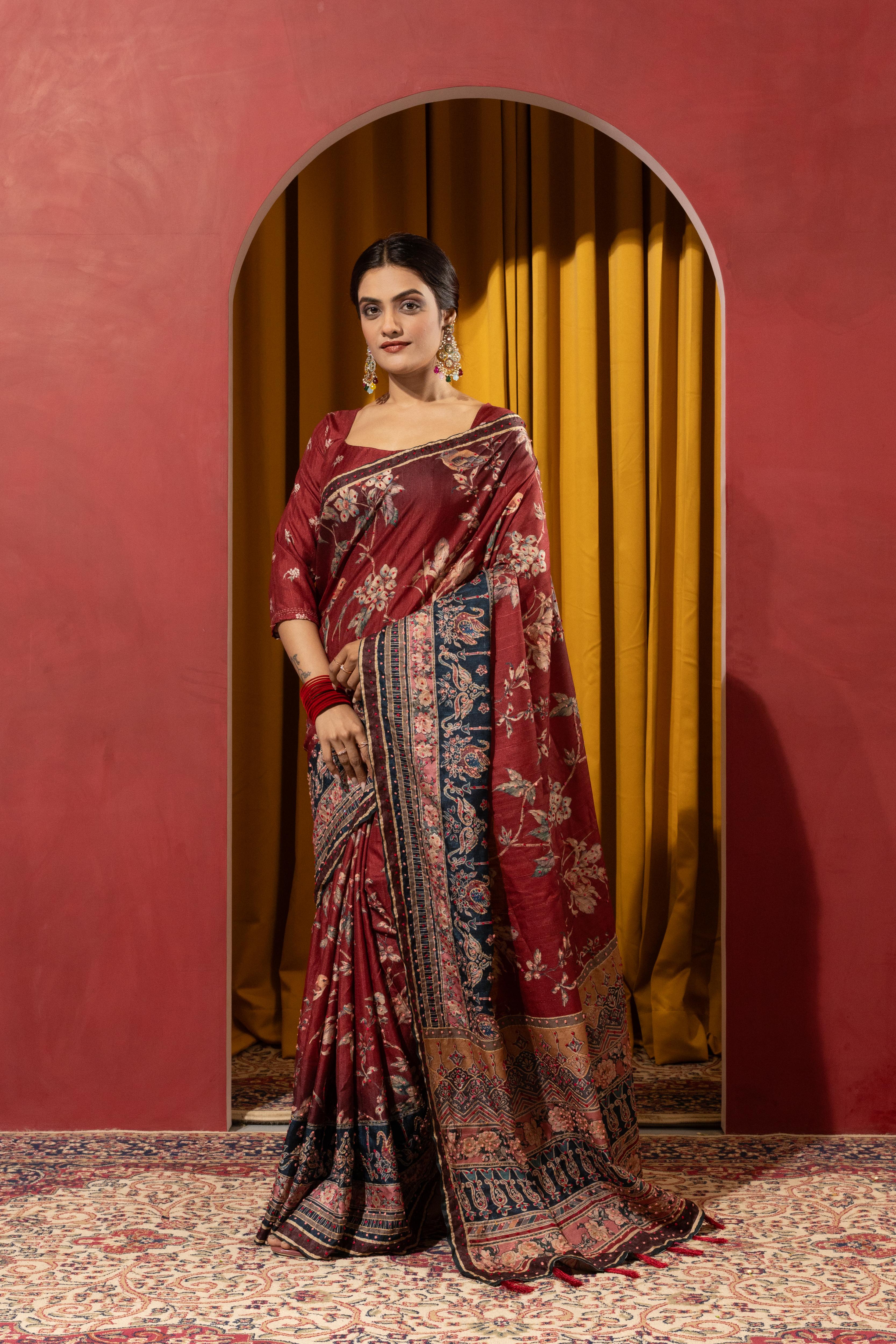 Maroon Collom Silk Saree with Handcrafted Knotwork