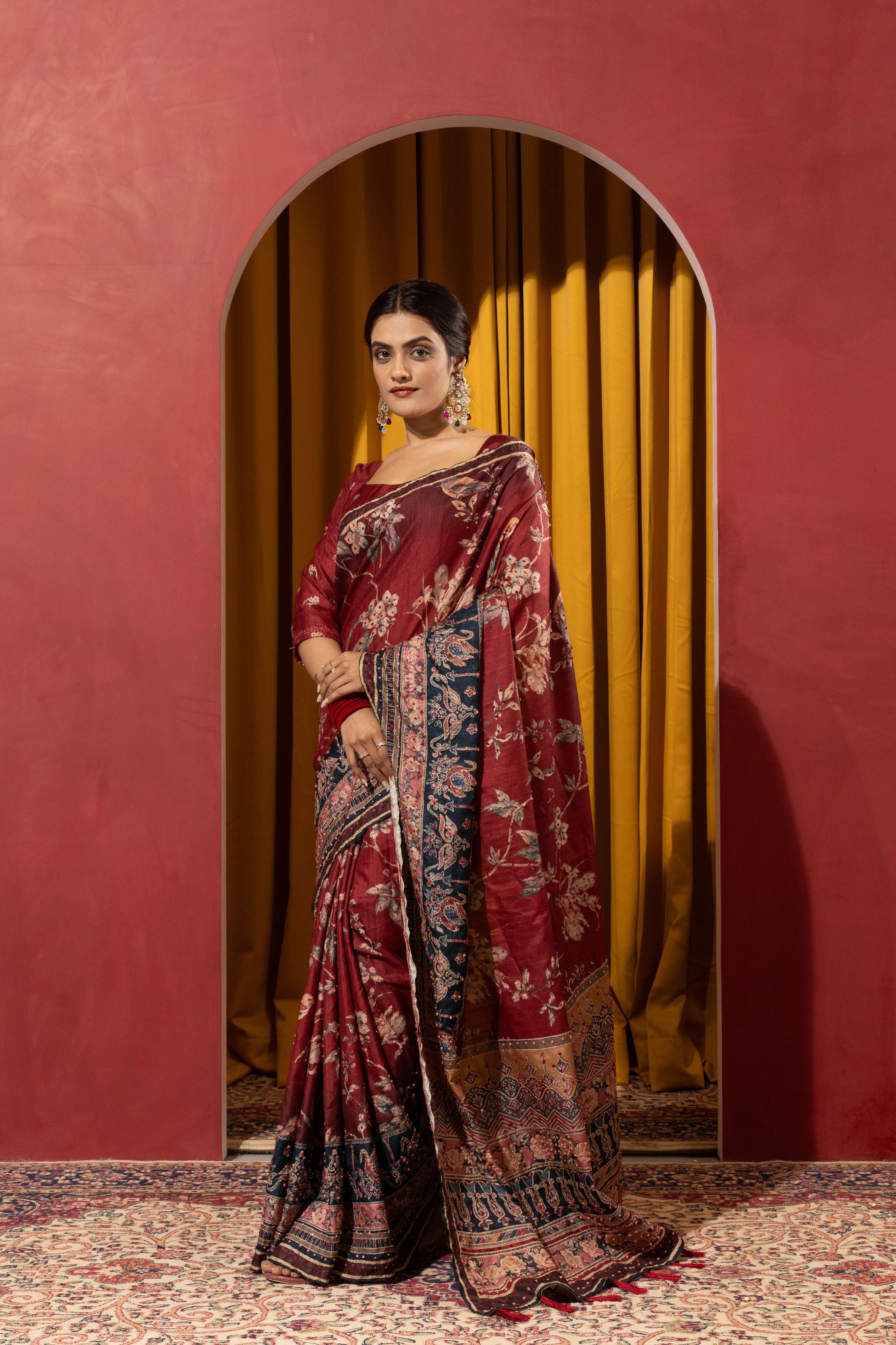 Maroon Collom Silk Saree with Handcrafted Knotwork