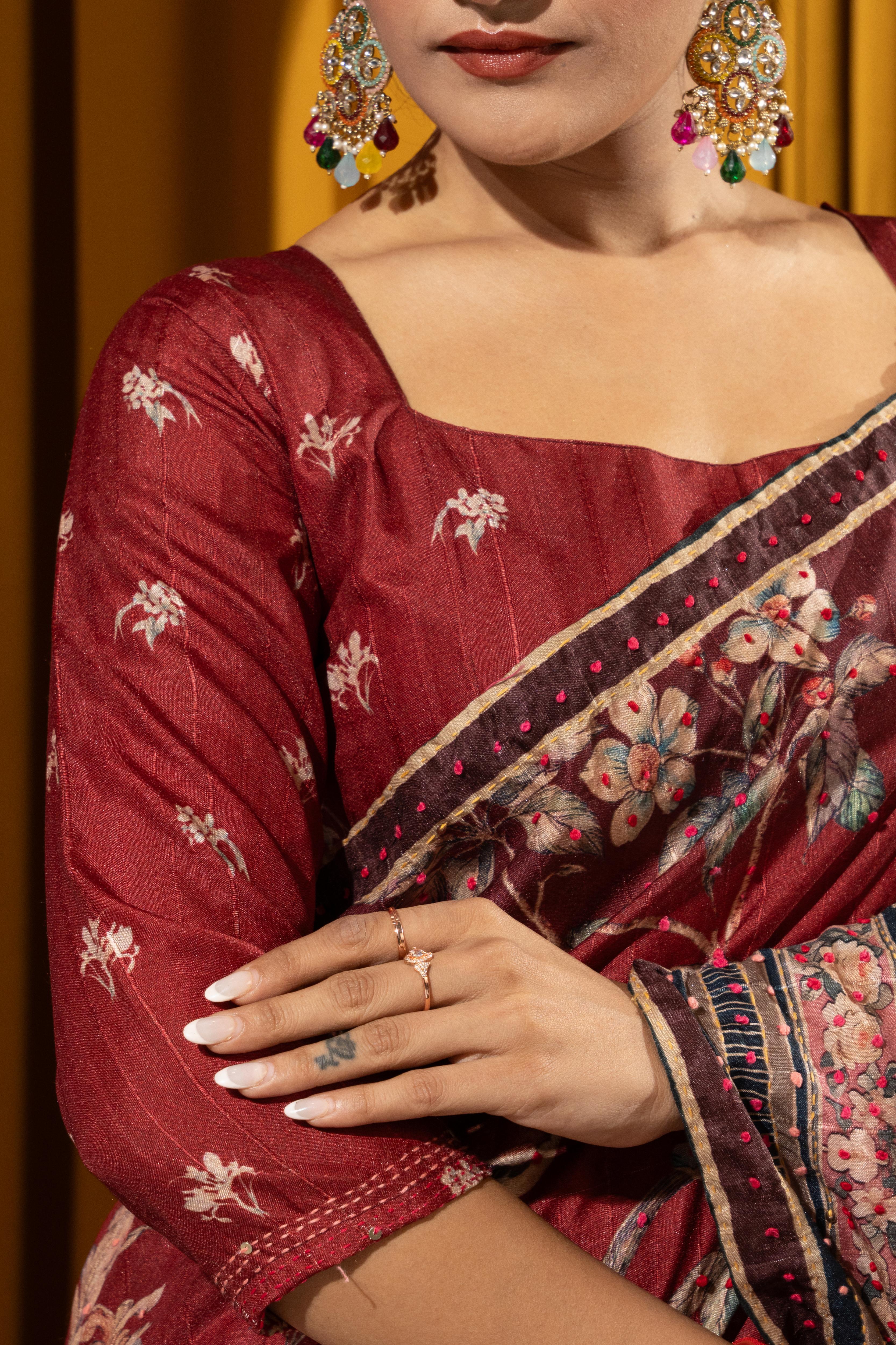 Maroon Collom Silk Saree with Handcrafted Knotwork