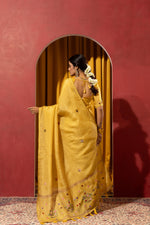 Vibrant Yellow Crush Silk Kashmiri Saree sedoracouture