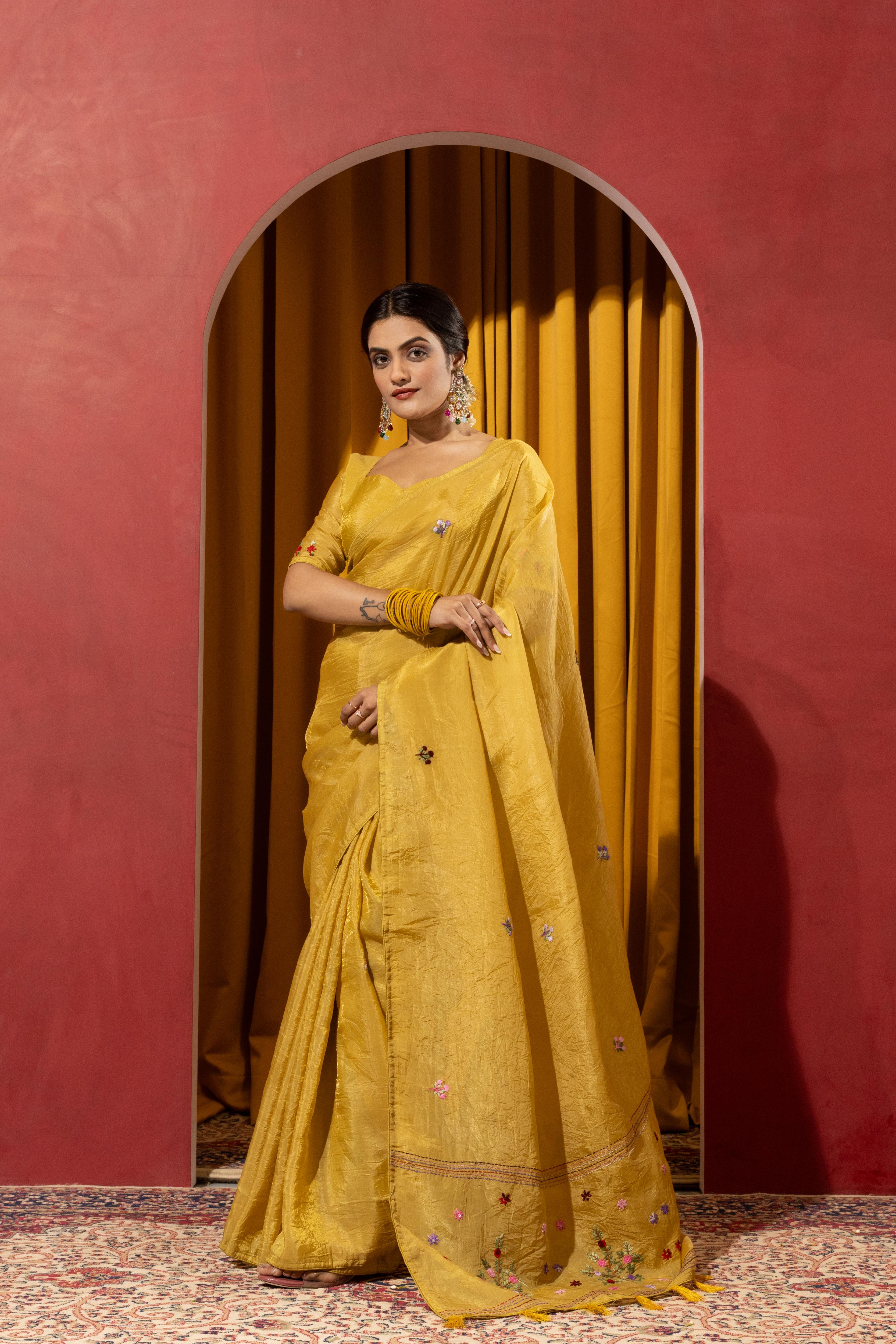 Vibrant Yellow Crush Silk Kashmiri Saree sedoracouture