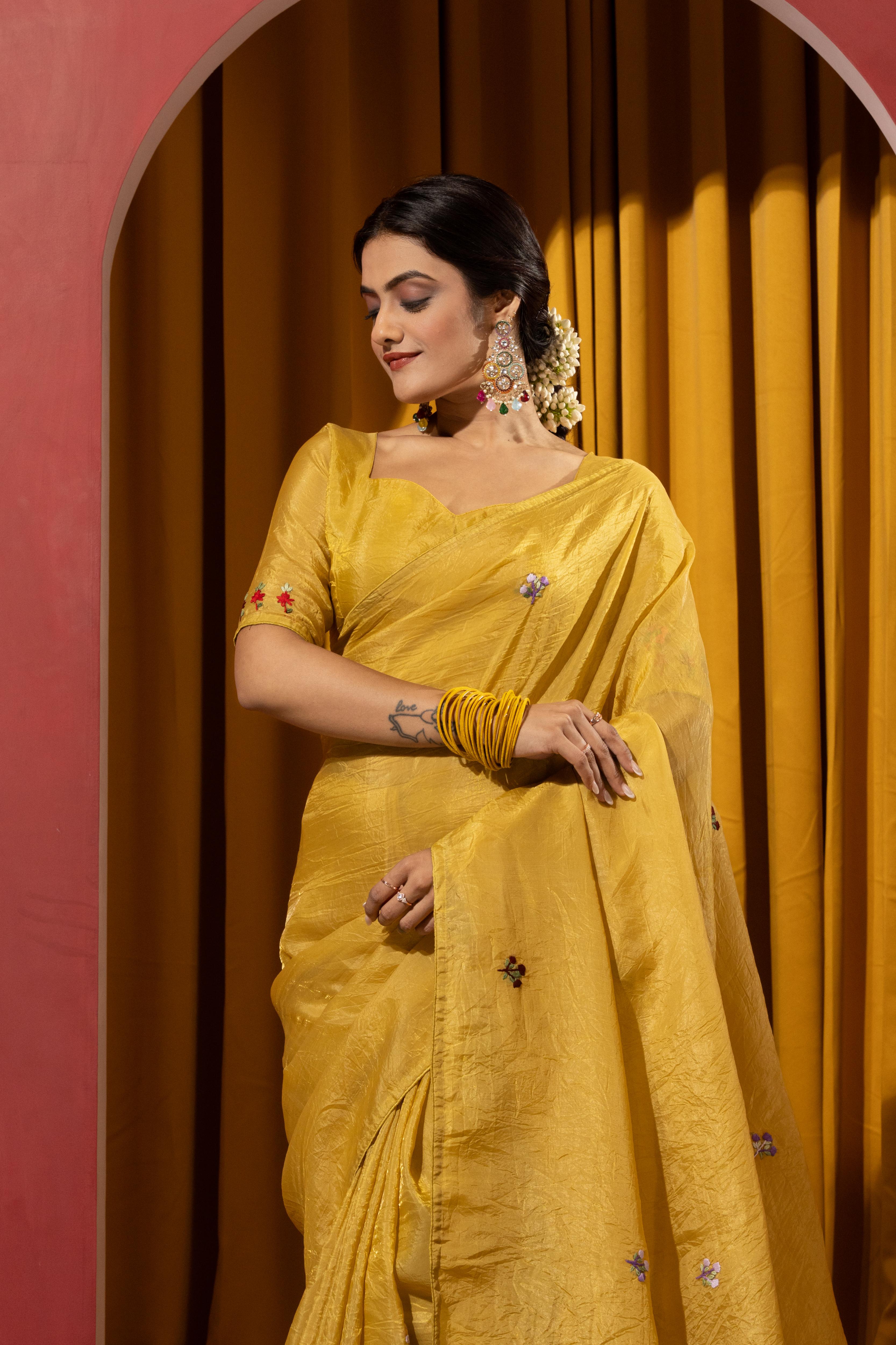 Vibrant Yellow Crush Silk Kashmiri Saree