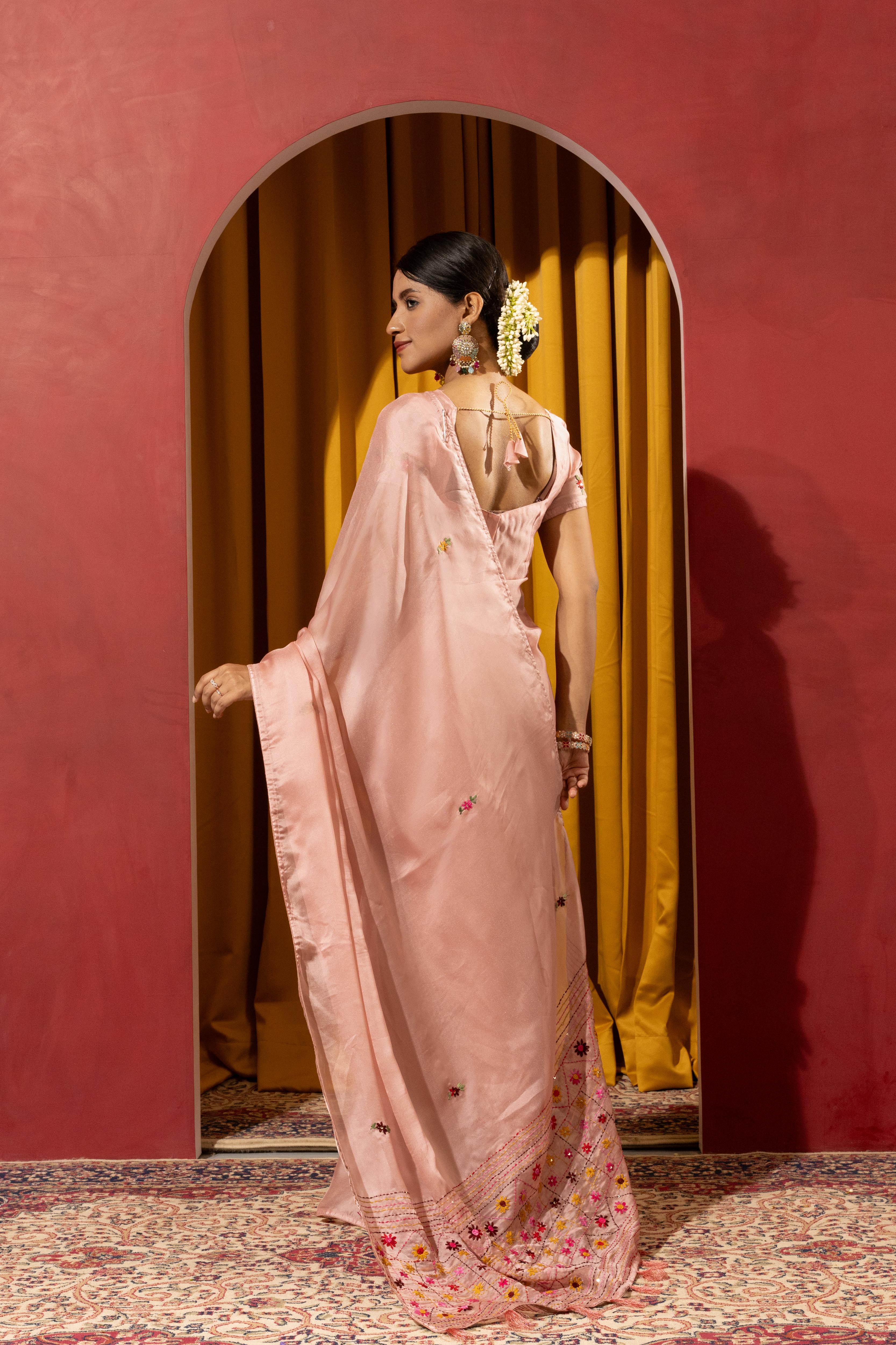 Artisan Peach Saree with Kashmiri Detailing sedoracouture