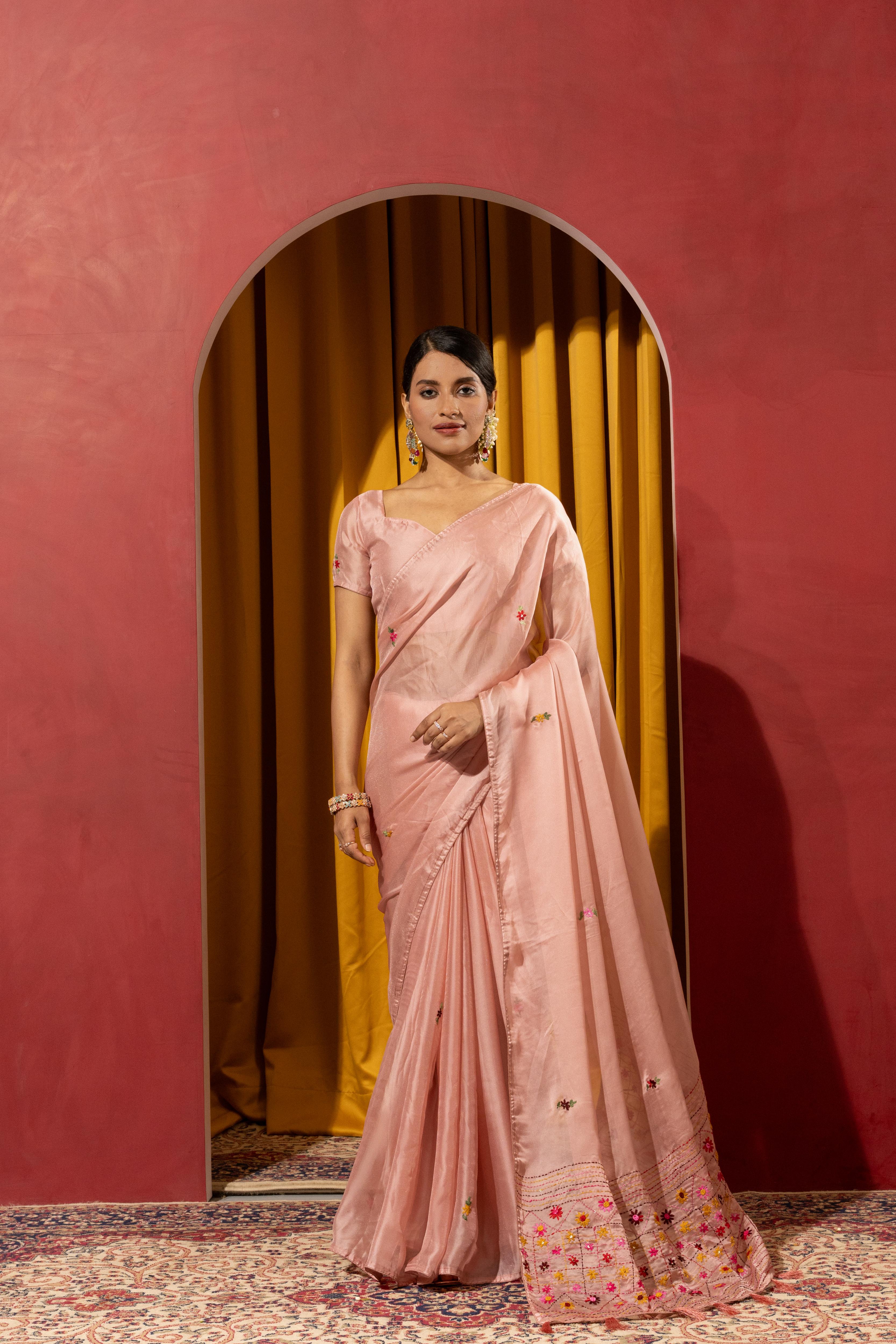 Artisan Peach Saree with Kashmiri Detailing