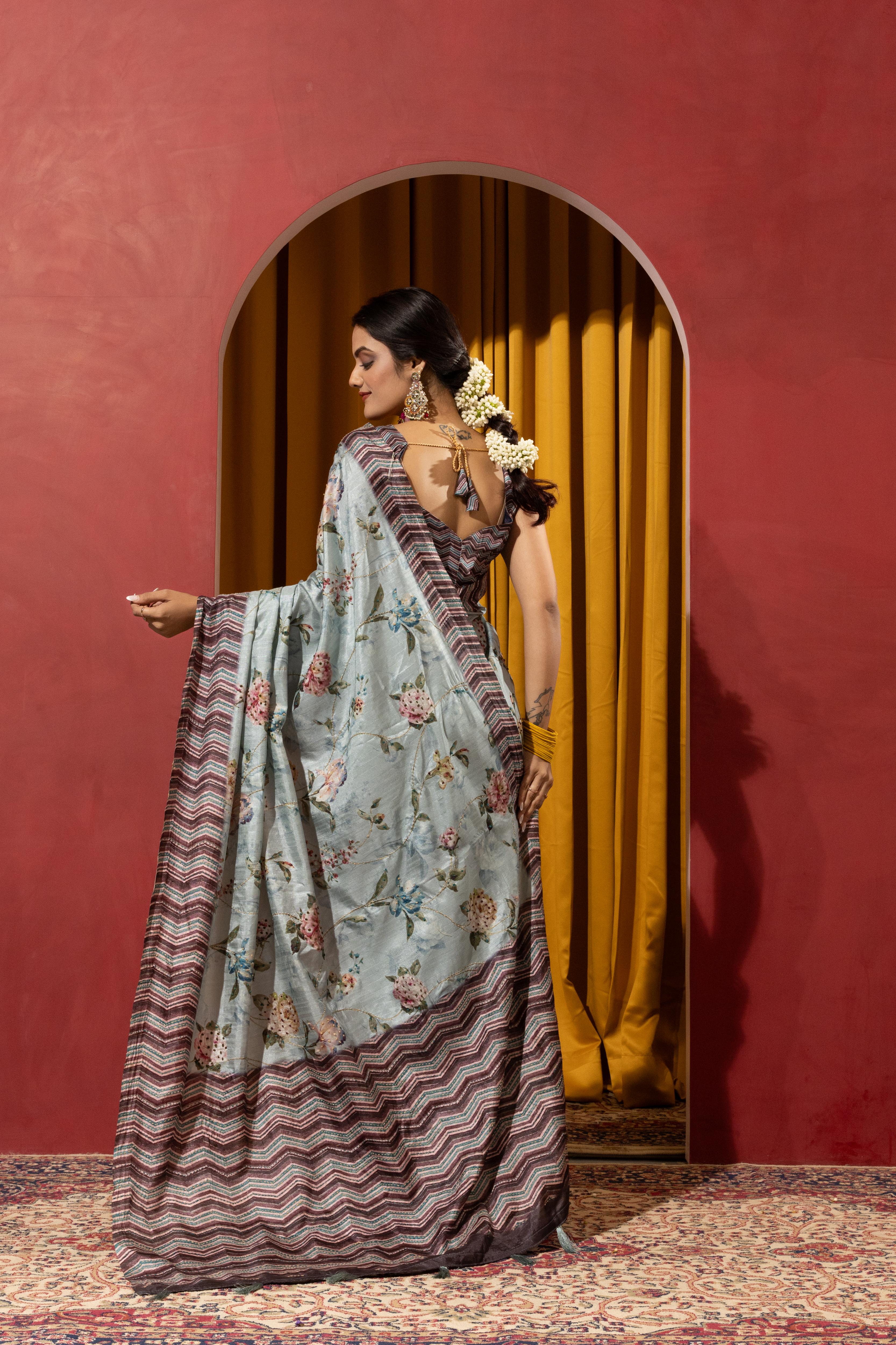 Blue Collom Silk Saree with Artistic Knotwork