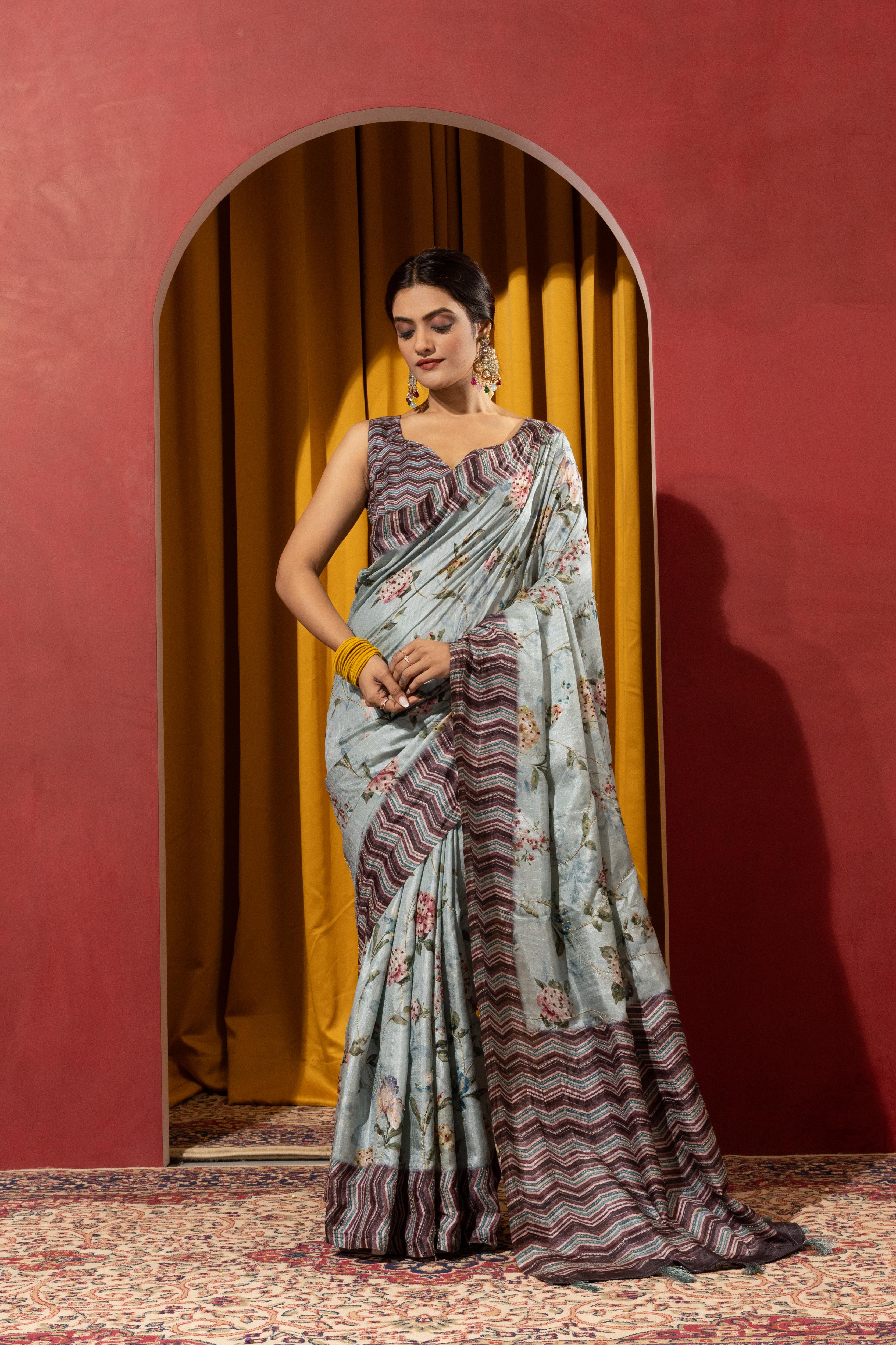 Blue Collom Silk Saree with Artistic Knotwork