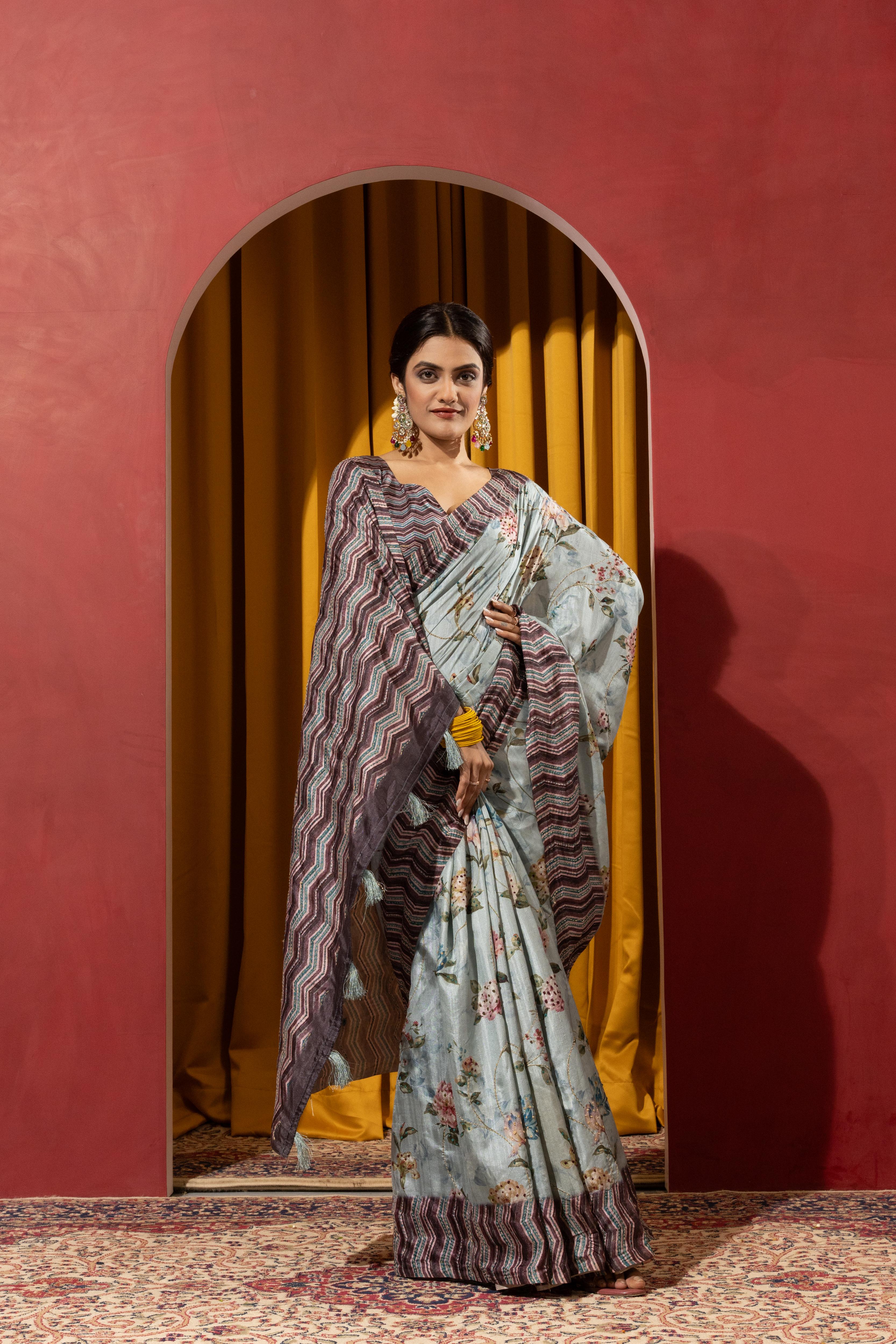 Blue Collom Silk Saree with Artistic Knotwork sedoracouture