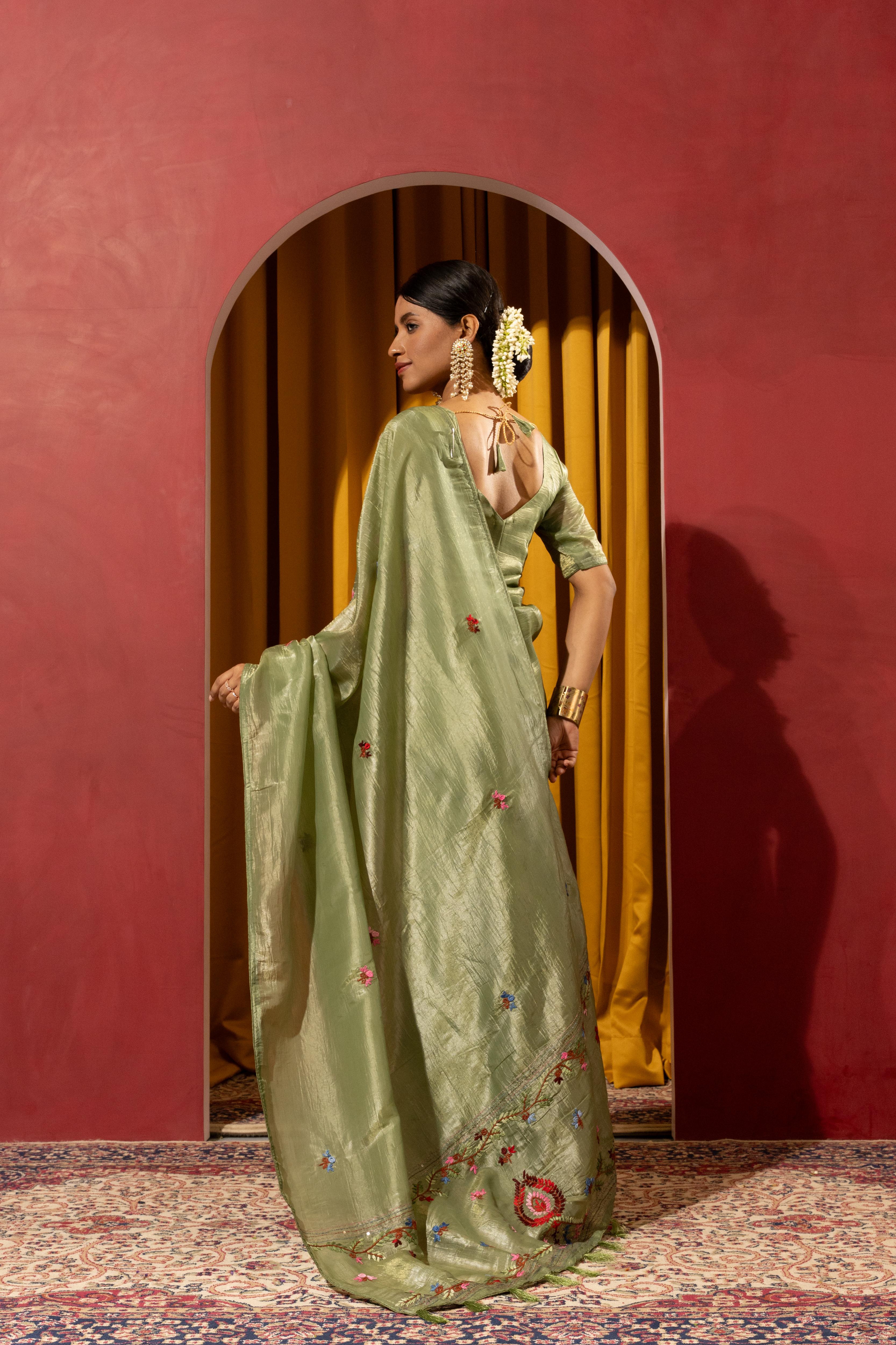 Graceful Green Saree with Kashmiri Detailing