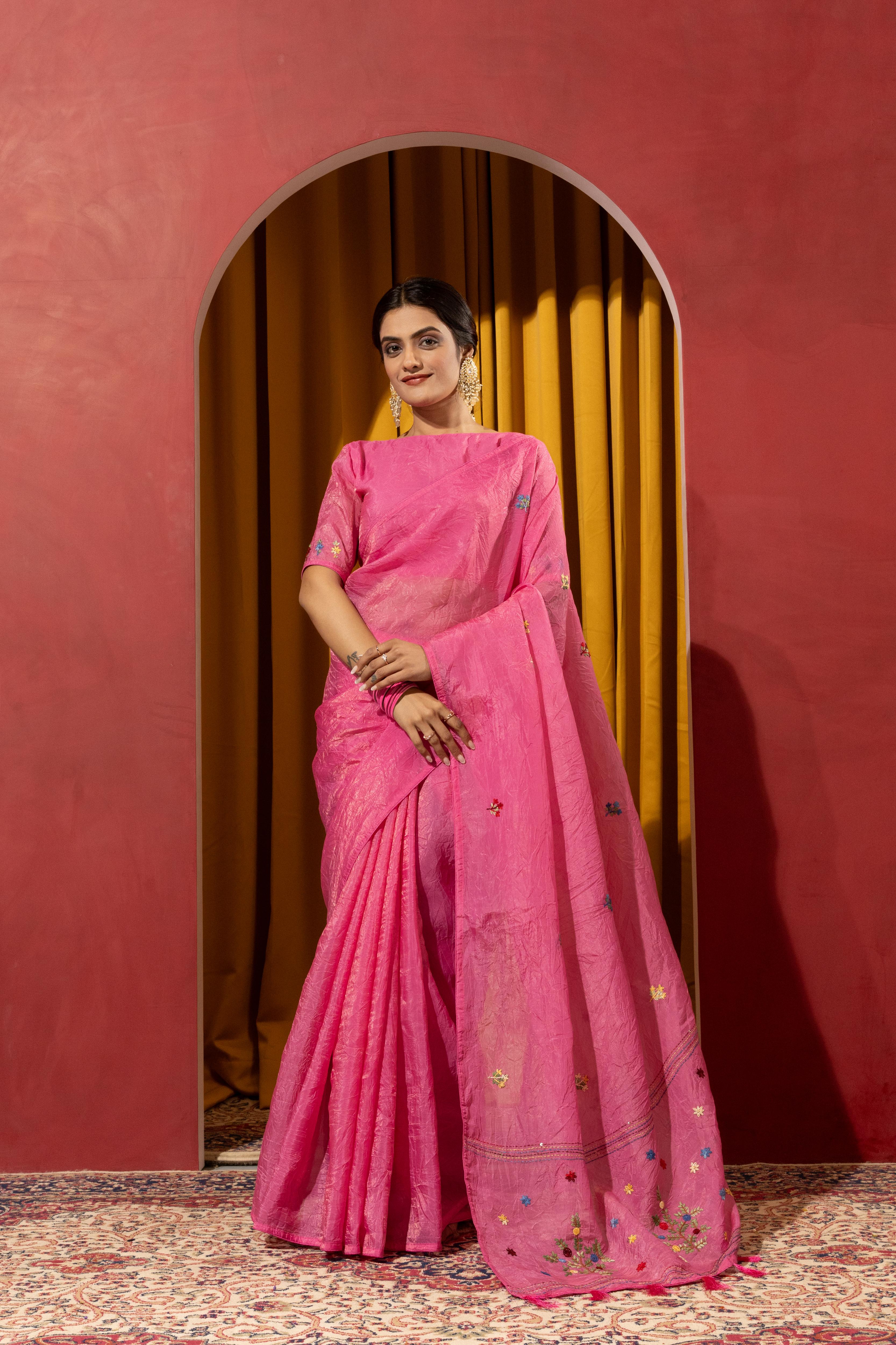 Traditional Pink Saree with Kashmiri Touch
