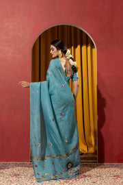 Dyed Kashmiri Handwork on Blue Silk