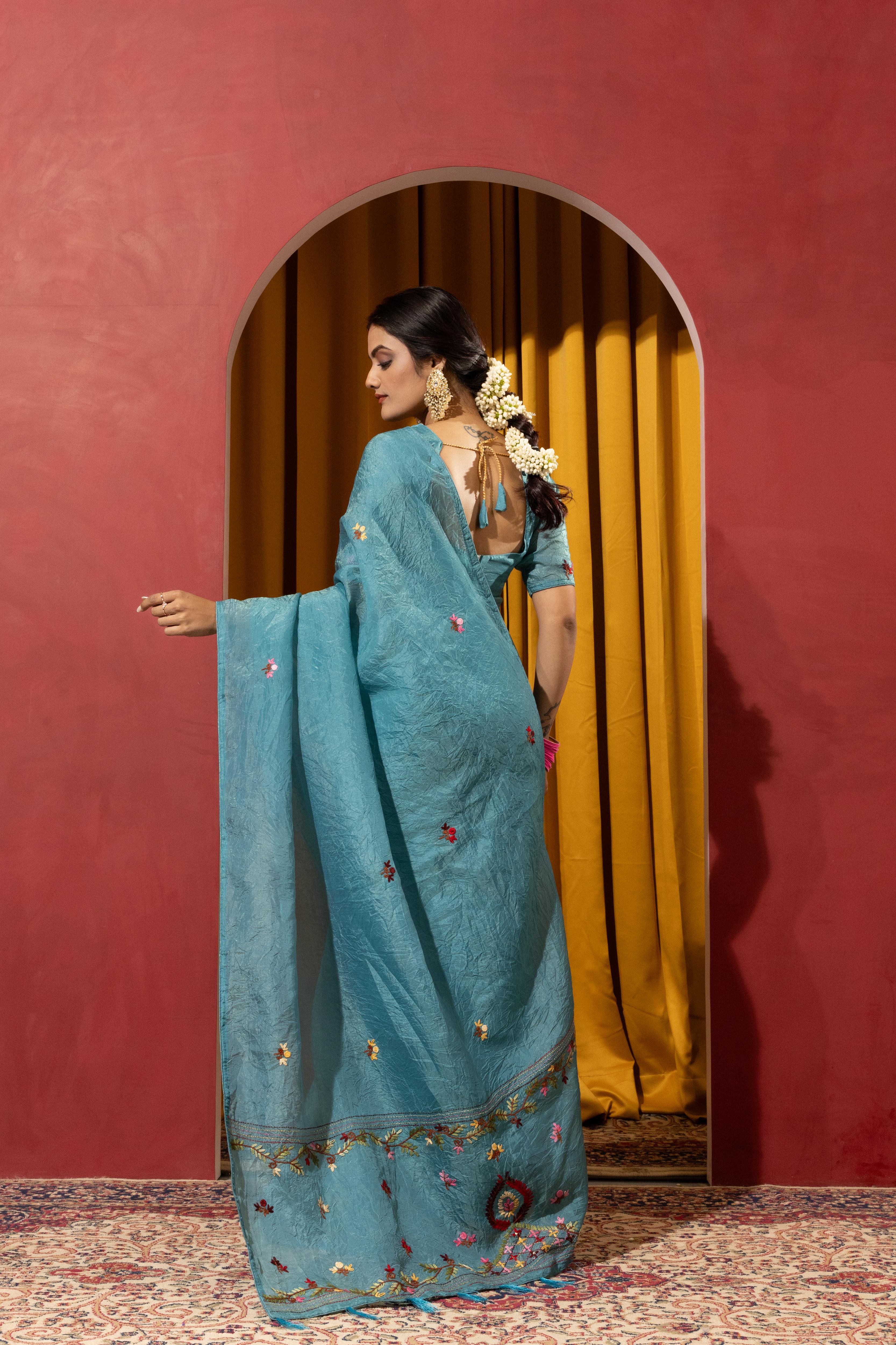 Dyed Kashmiri Handwork on Blue Silk