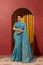 Dyed Kashmiri Handwork on Blue Silk sedoracouture