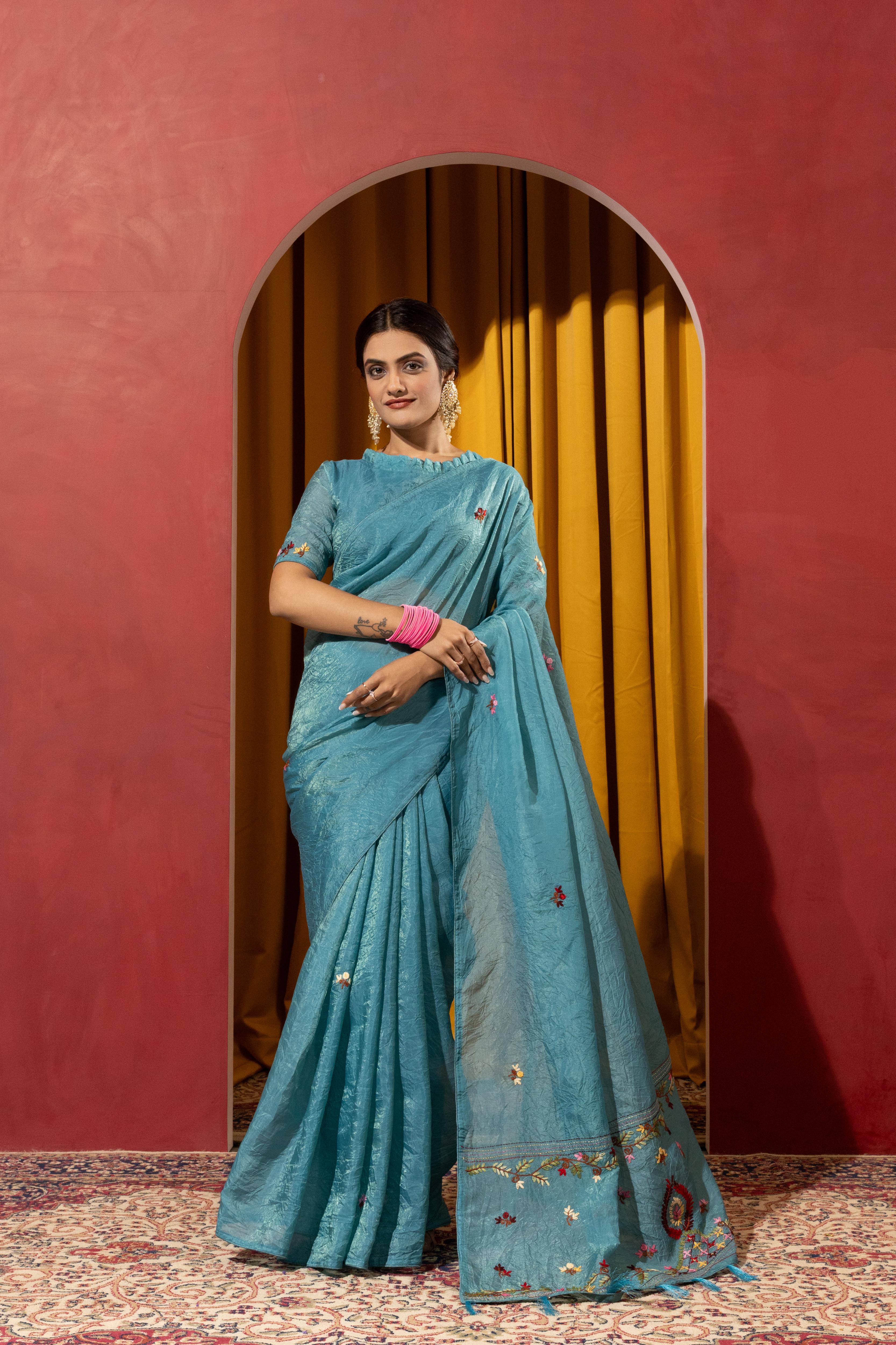 Dyed Kashmiri Handwork on Blue Silk sedoracouture