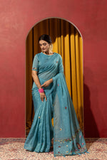 Dyed Kashmiri Handwork on Blue Silk sedoracouture