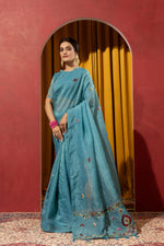 Dyed Kashmiri Handwork on Blue Silk sedoracouture