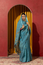 Dyed Kashmiri Handwork on Blue Silk sedoracouture