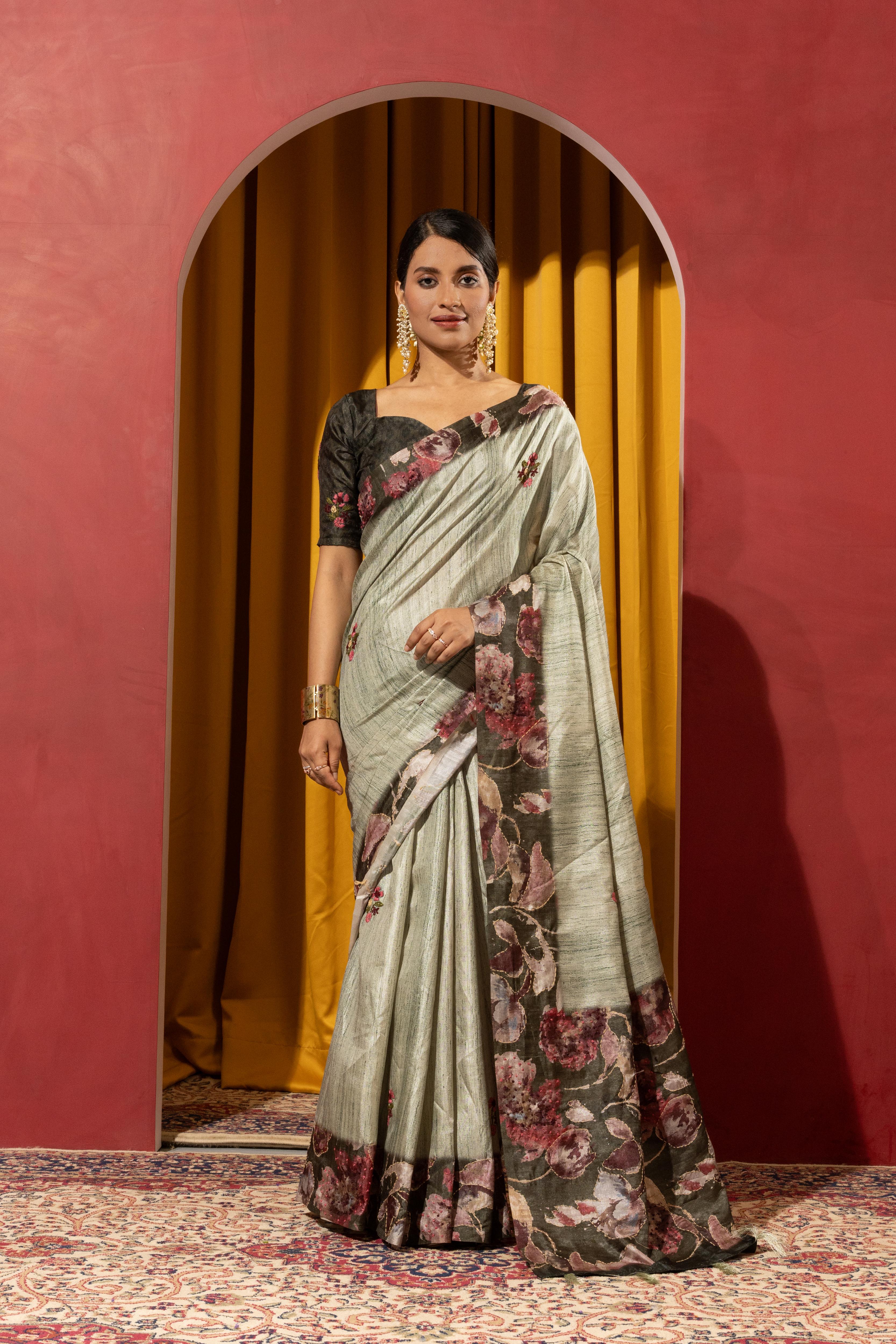 Cyan Collom Silk Saree with Hand Knotwork